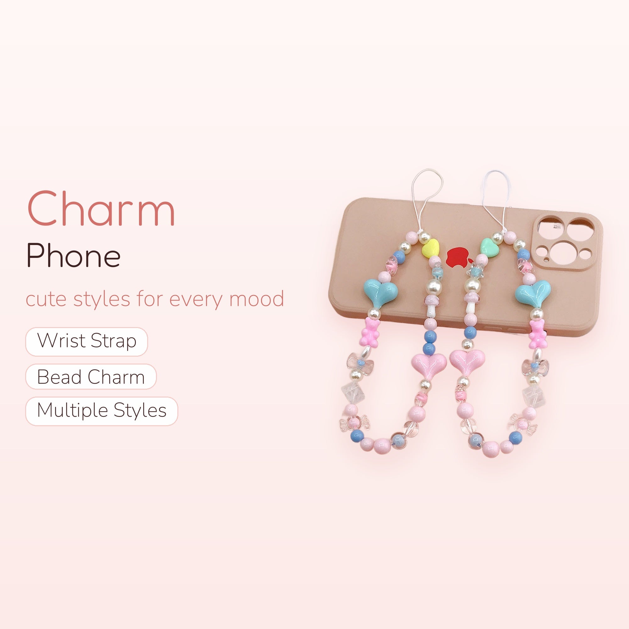 Pastel Beaded Phone Charm Strap | Kawaii Heart & Bear Wrist Lanyard