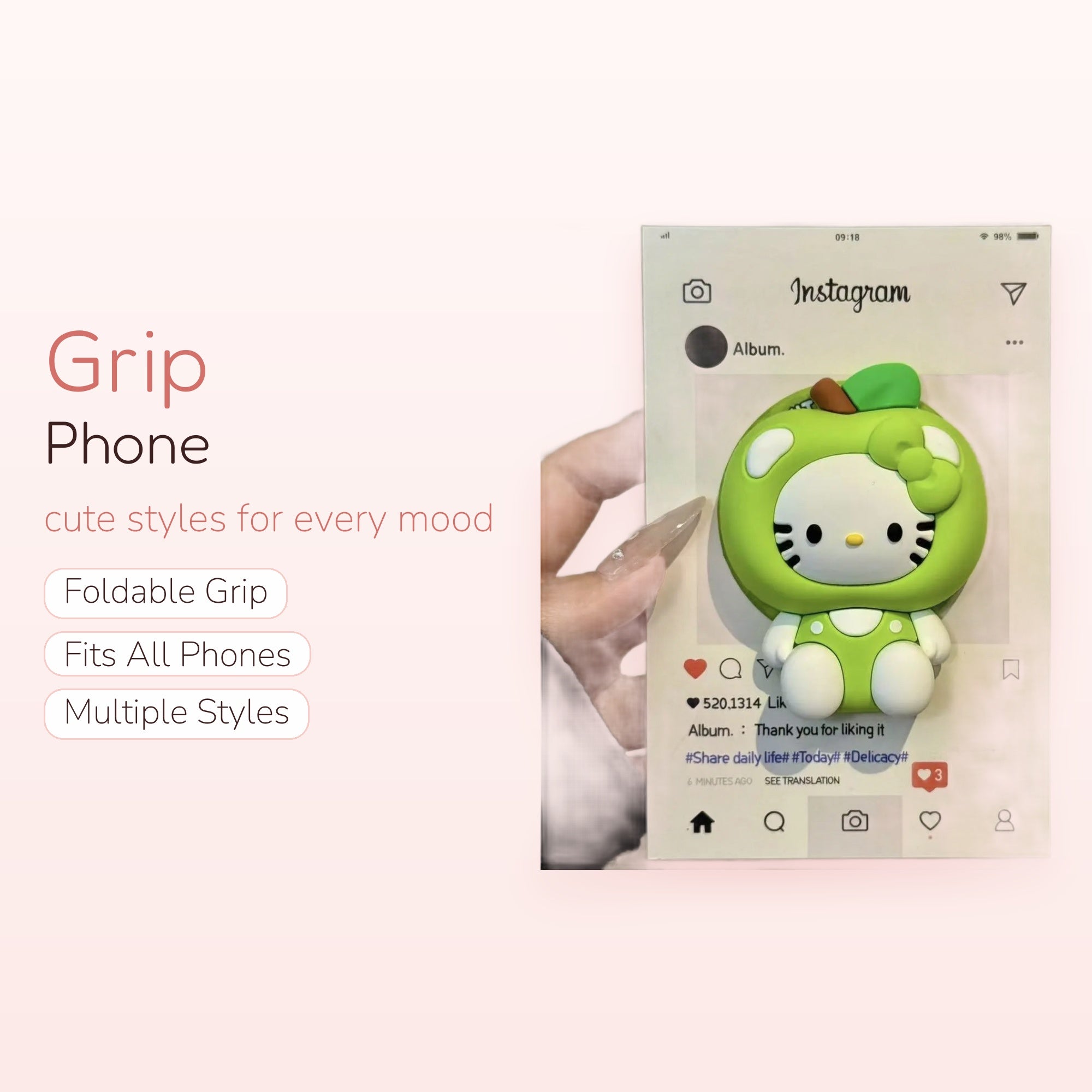 Kawaii Green Hello Kitty Apple Phone Grip | Cute Pop Socket Stand
