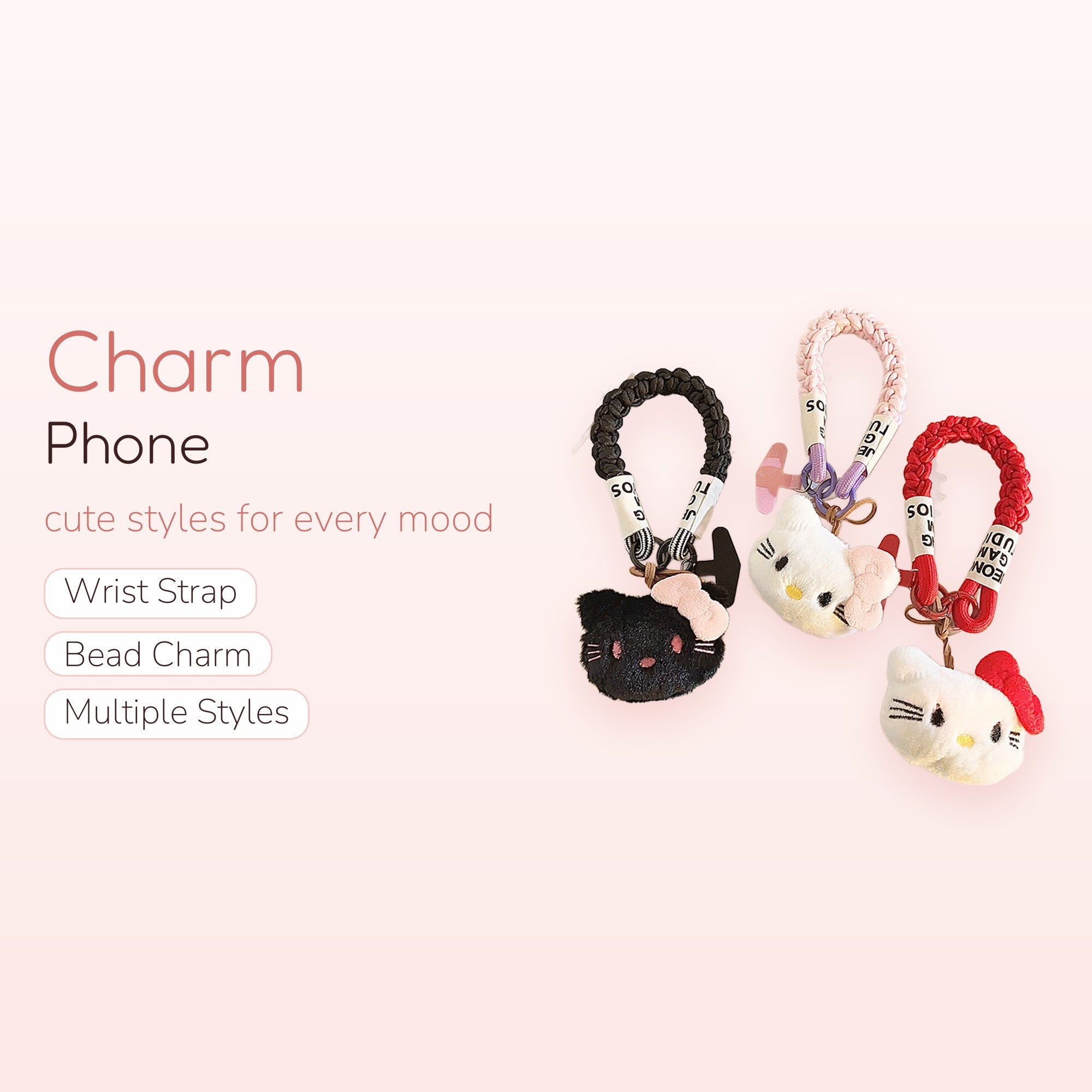 Fluffy Hello Kitty Phone Charm Strap | Braided Wrist Lanyard