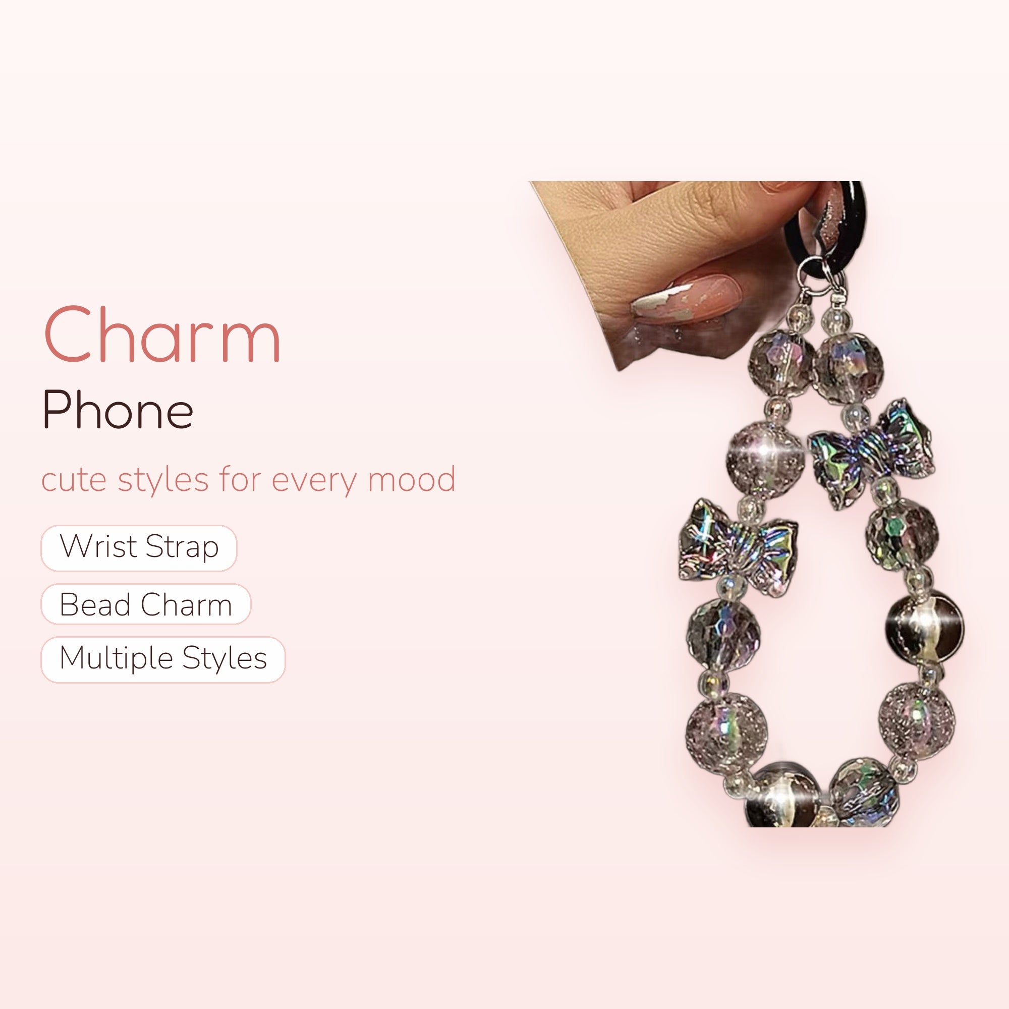 Iridescent Crystal Bow Phone Charm | Y2K Beaded Wrist Lanyard