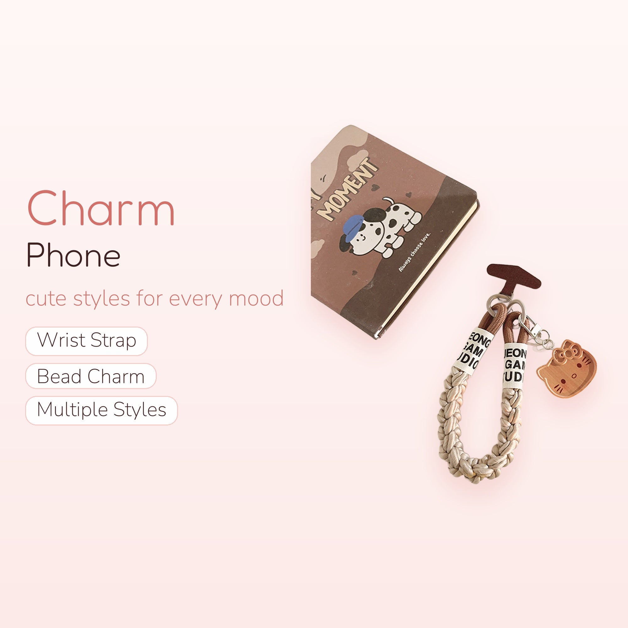 Braided Hello Kitty Phone Charm Strap | Cute Wooden Kitty Wrist Lanyard