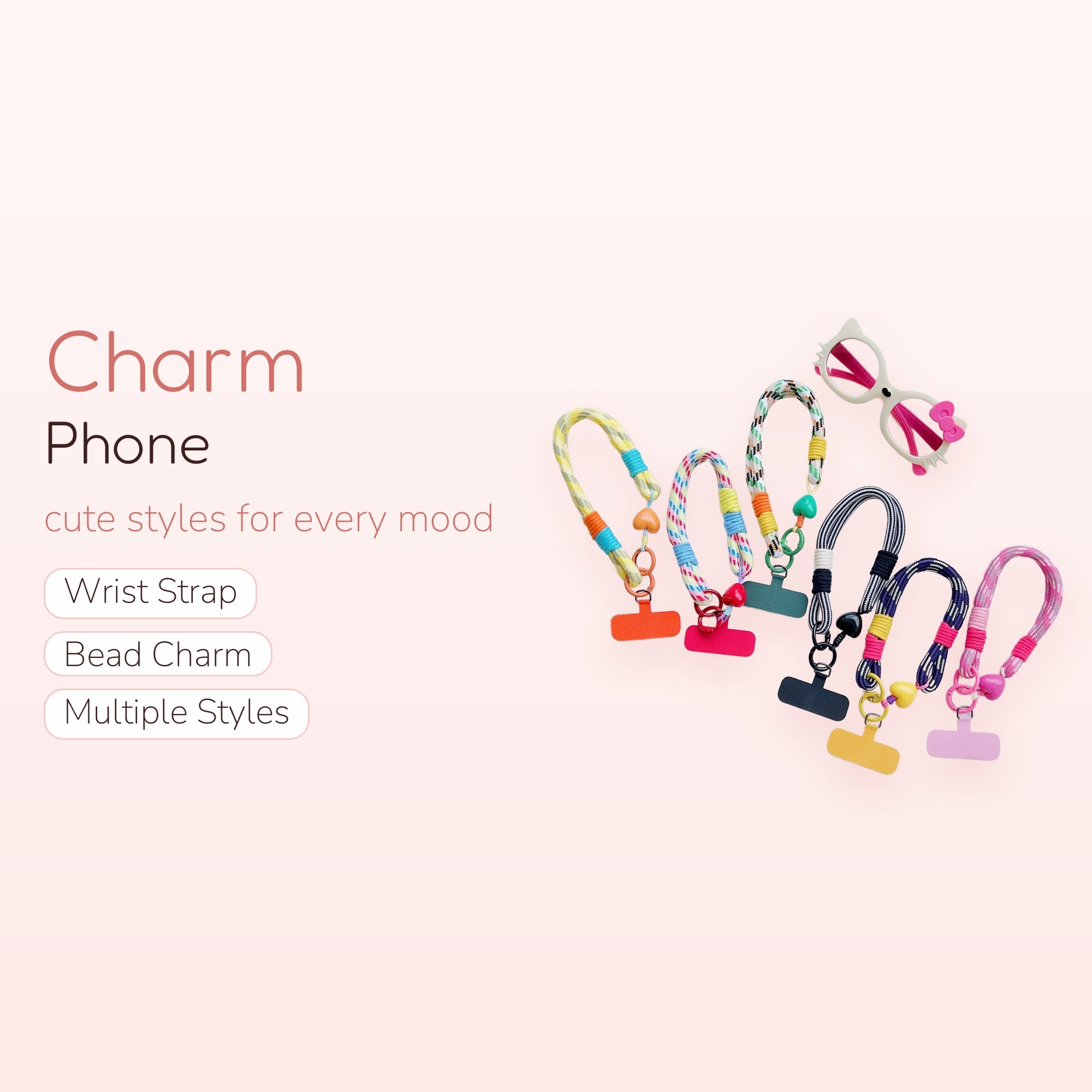 Colorful Braided Rope Phone Charm Strap | Aesthetic Wrist Lanyard with Heart Charms