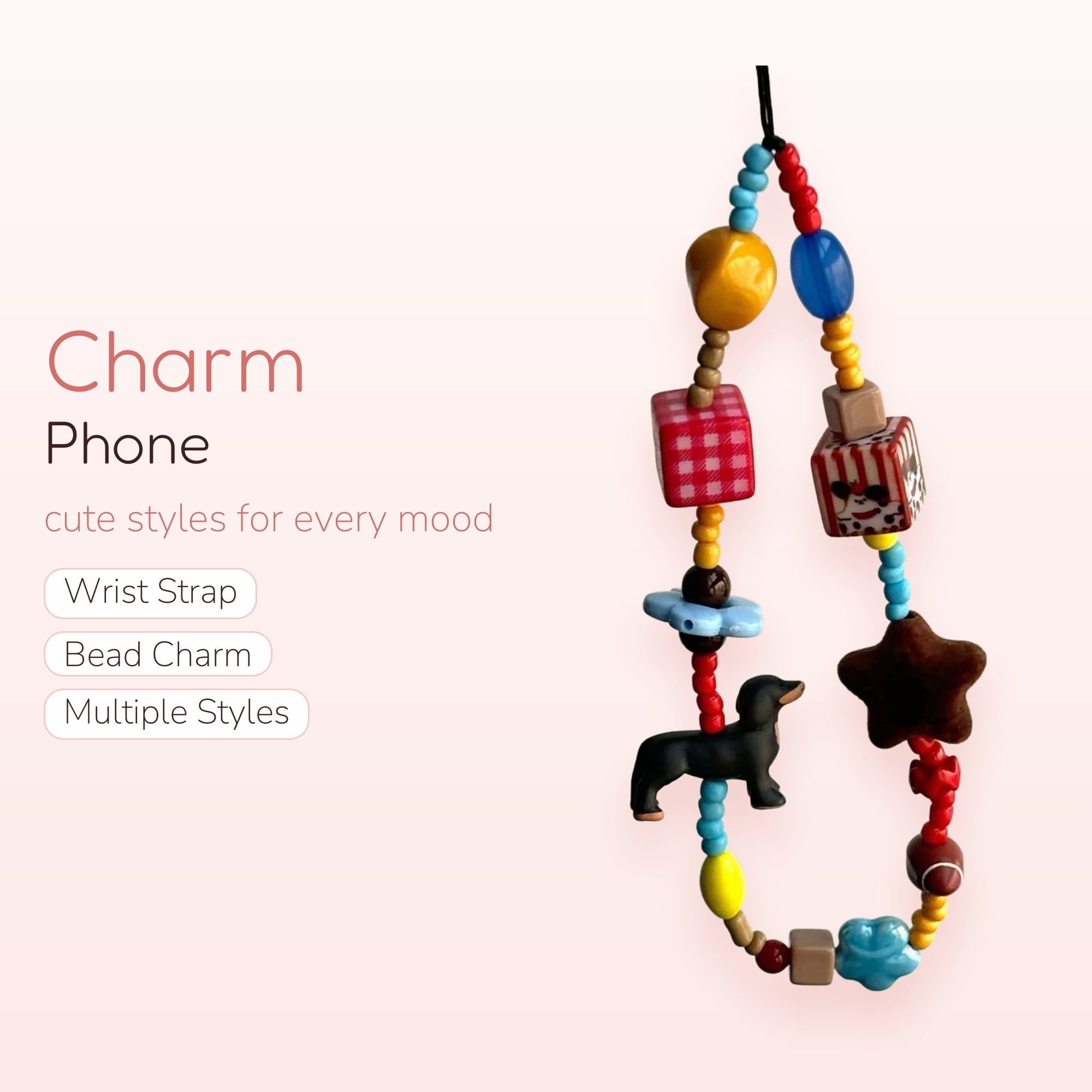 Cute Multi-Color Beaded Phone Charm | Y2K Dog & Star Charm Phone Strap