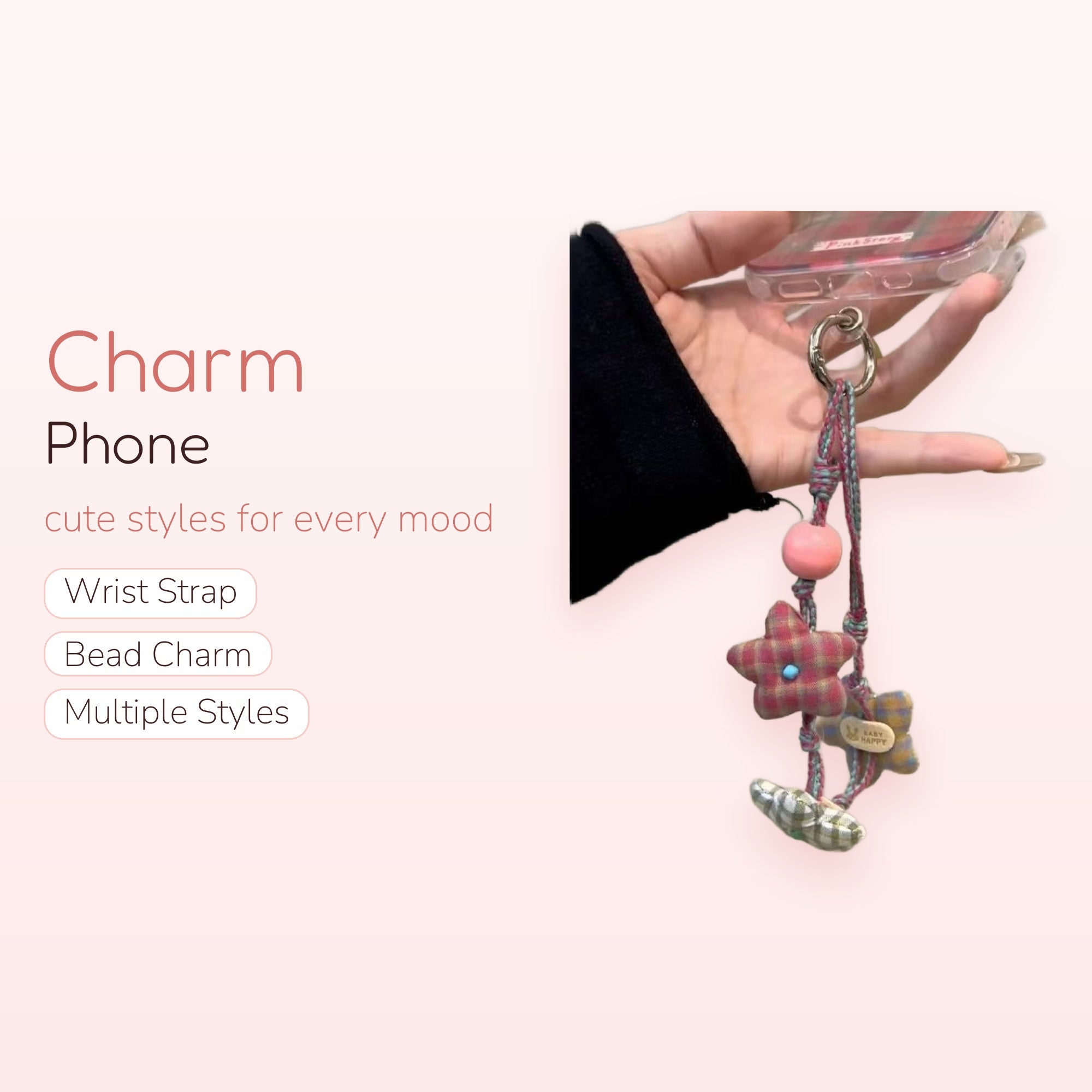 Plaid Star & Butterfly Phone Charm | Cute Fabric Keychain Wrist Strap