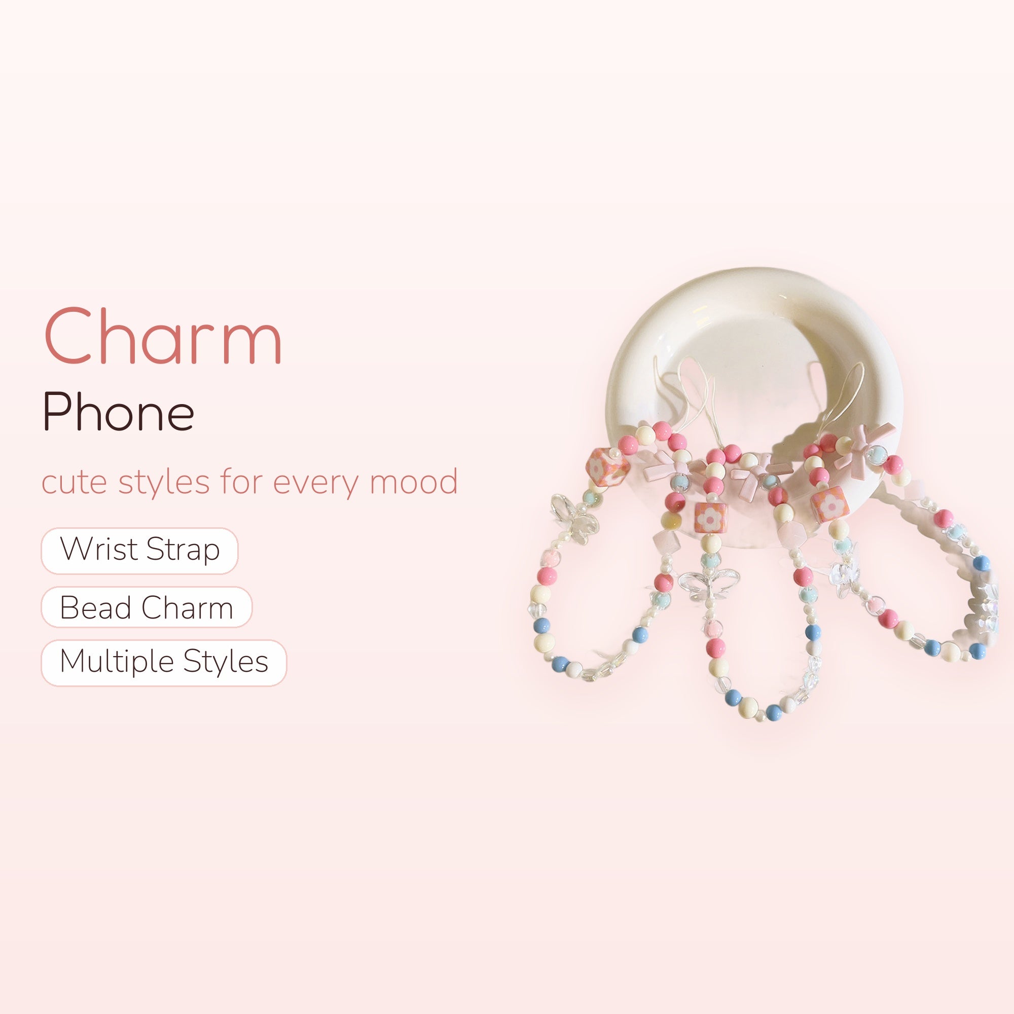 Pastel Beaded Phone Charm Strap | Kawaii Flower Cube & Butterfly Wrist Lanyard