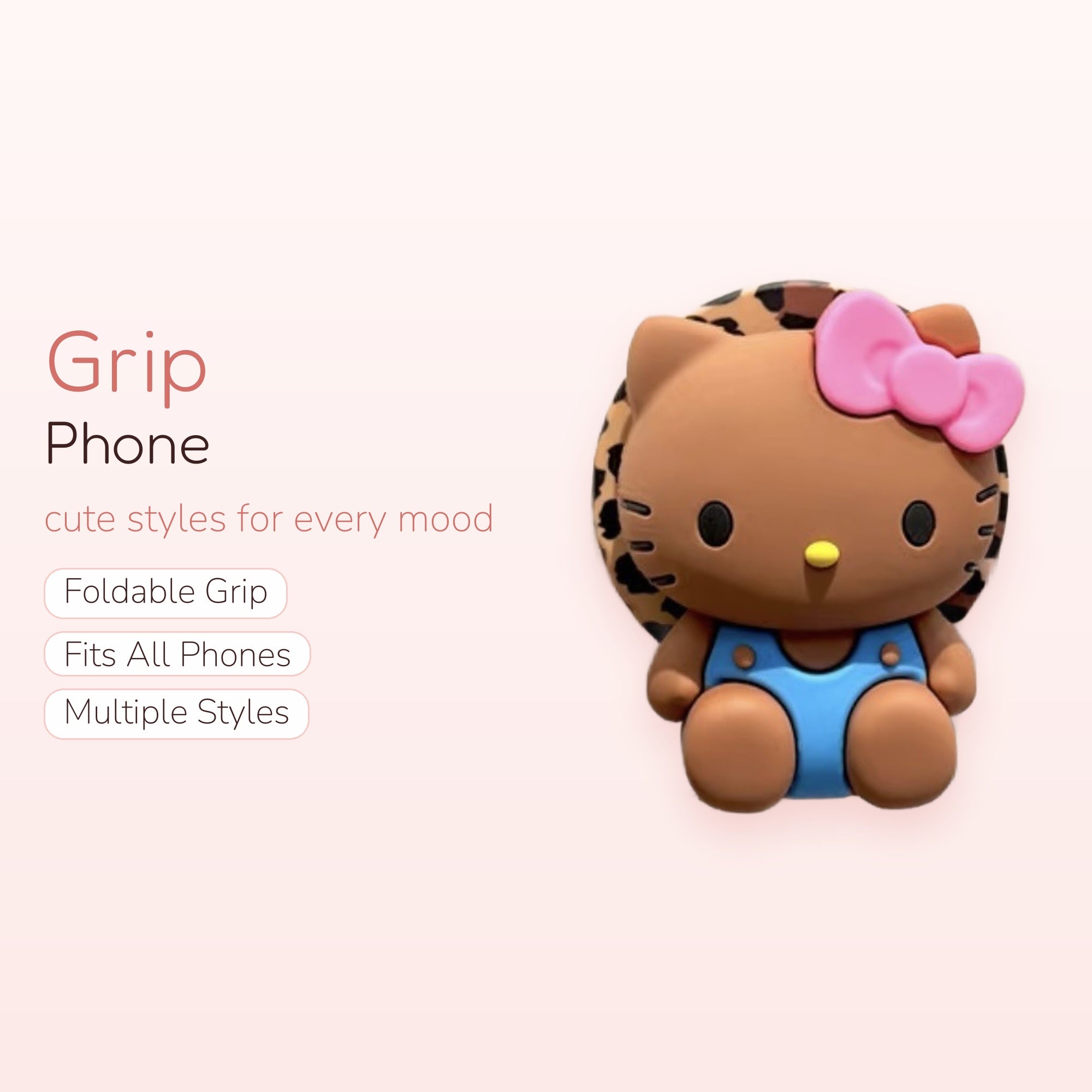 Kawaii Hello Kitty Leopard Print Phone Grip | Cute Brown Kitty Pop Socket Stand