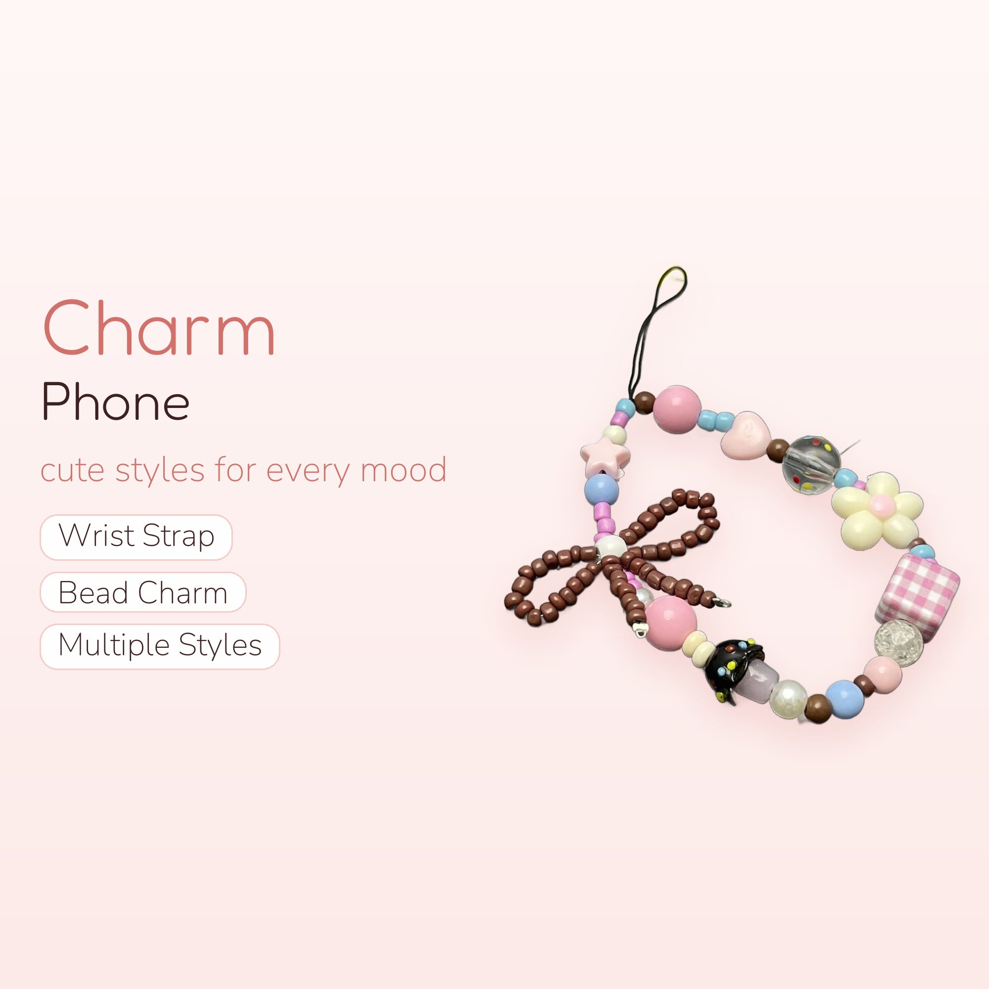 Pastel Beaded Phone Charm Strap | Kawaii Bow & Mushroom Wrist Lanyard