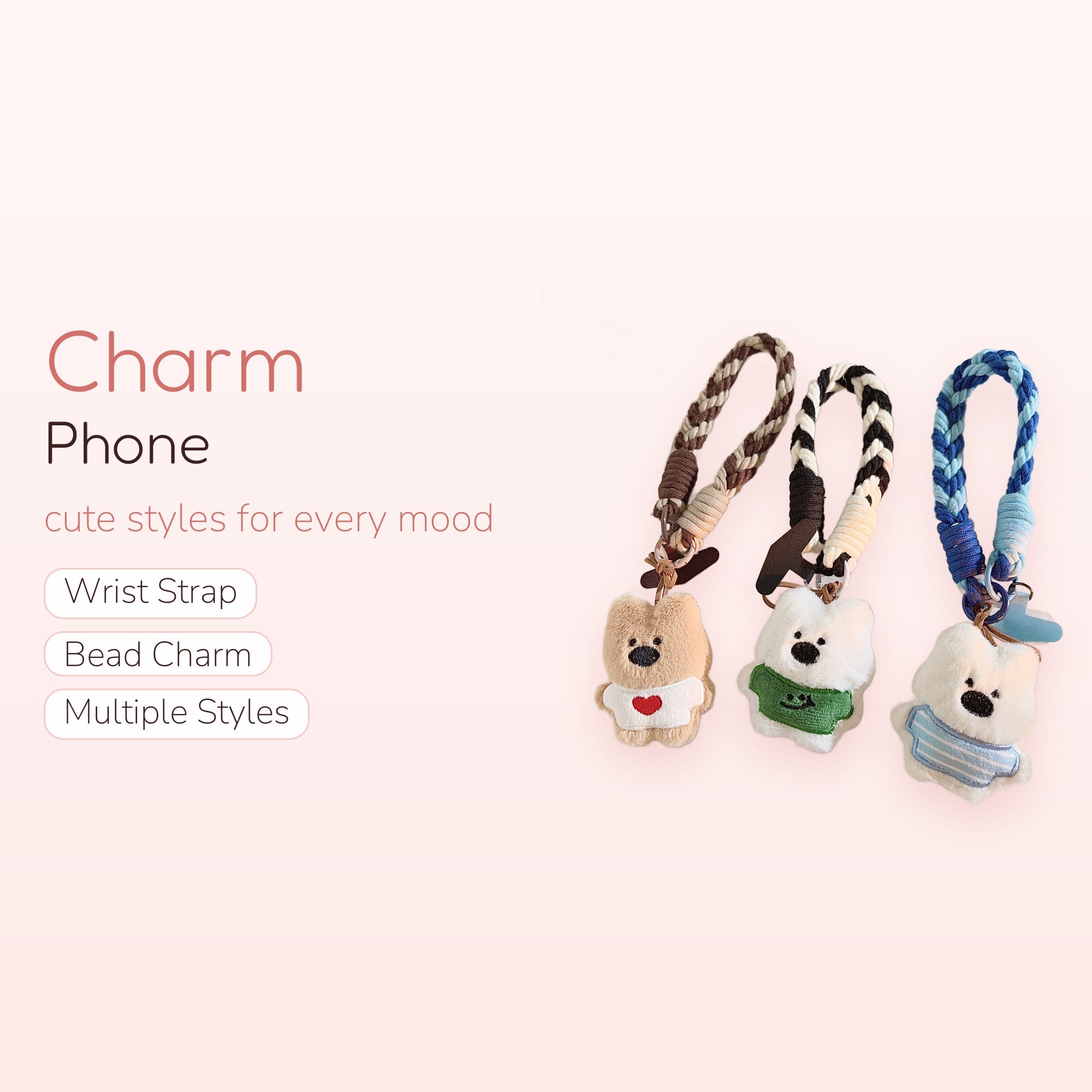 Cute Braided Strap Bear Phone Charm | Plush Animal Wrist Lanyard