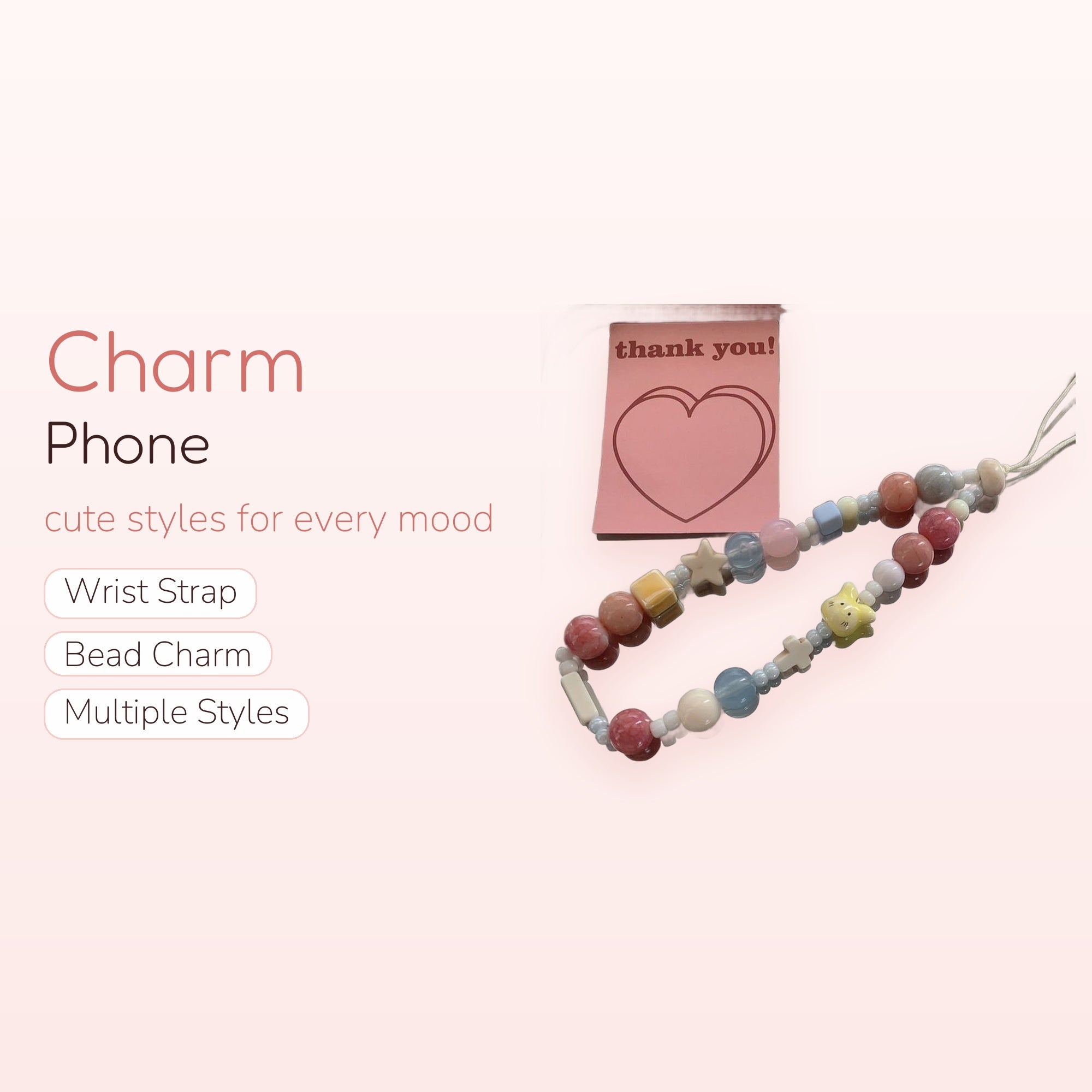 Pastel Beaded Phone Charm Strap | Kawaii Heart & Star Wrist Lanyard