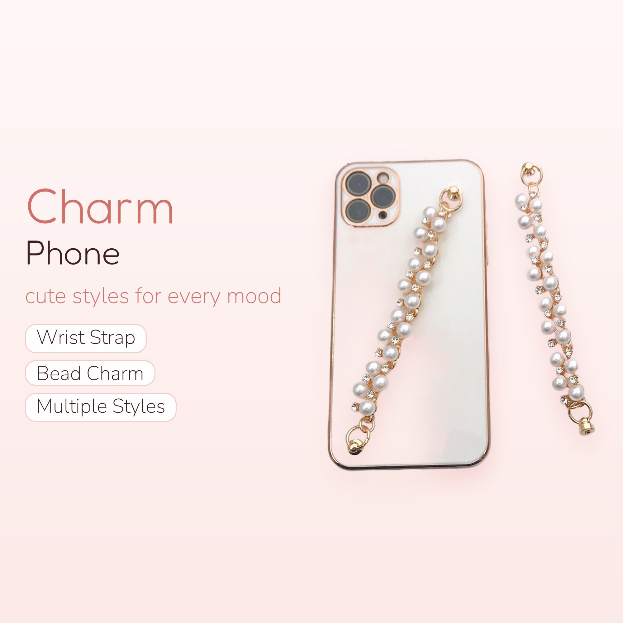 Aesthetic Pearl & Rhinestone Phone Charm Strap | Elegant Gold Beaded Wrist Lanyard