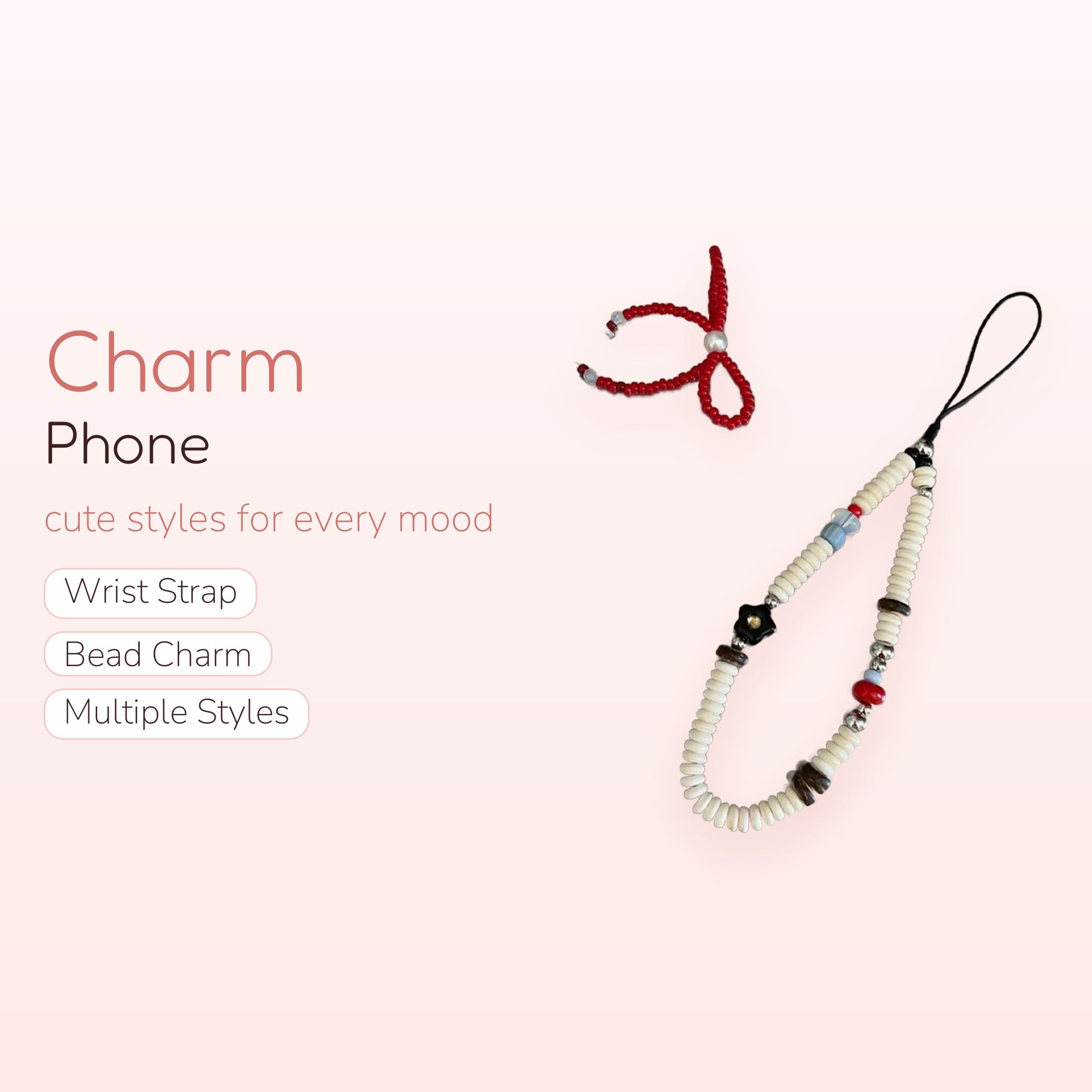 Aesthetic Beaded Phone Charm Strap | Y2K White & Red Wrist Lanyard