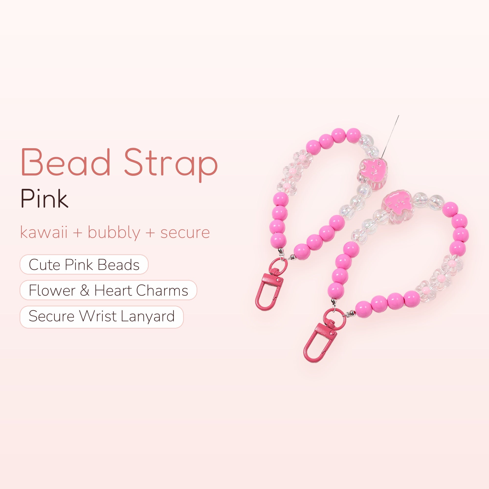 Pink Beaded Phone Charm Strap | Kawaii Wrist Lanyard with Flowers