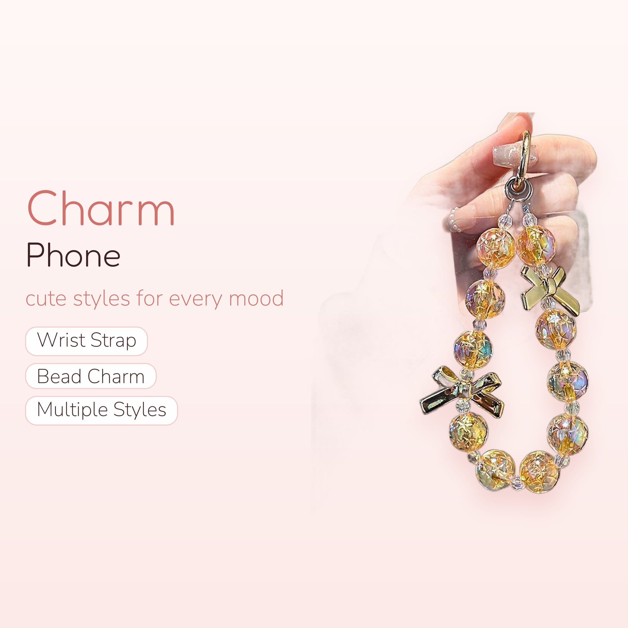 Aesthetic Iridescent Bead Phone Charm Strap | Gold Bow Beaded Wrist Lanyard