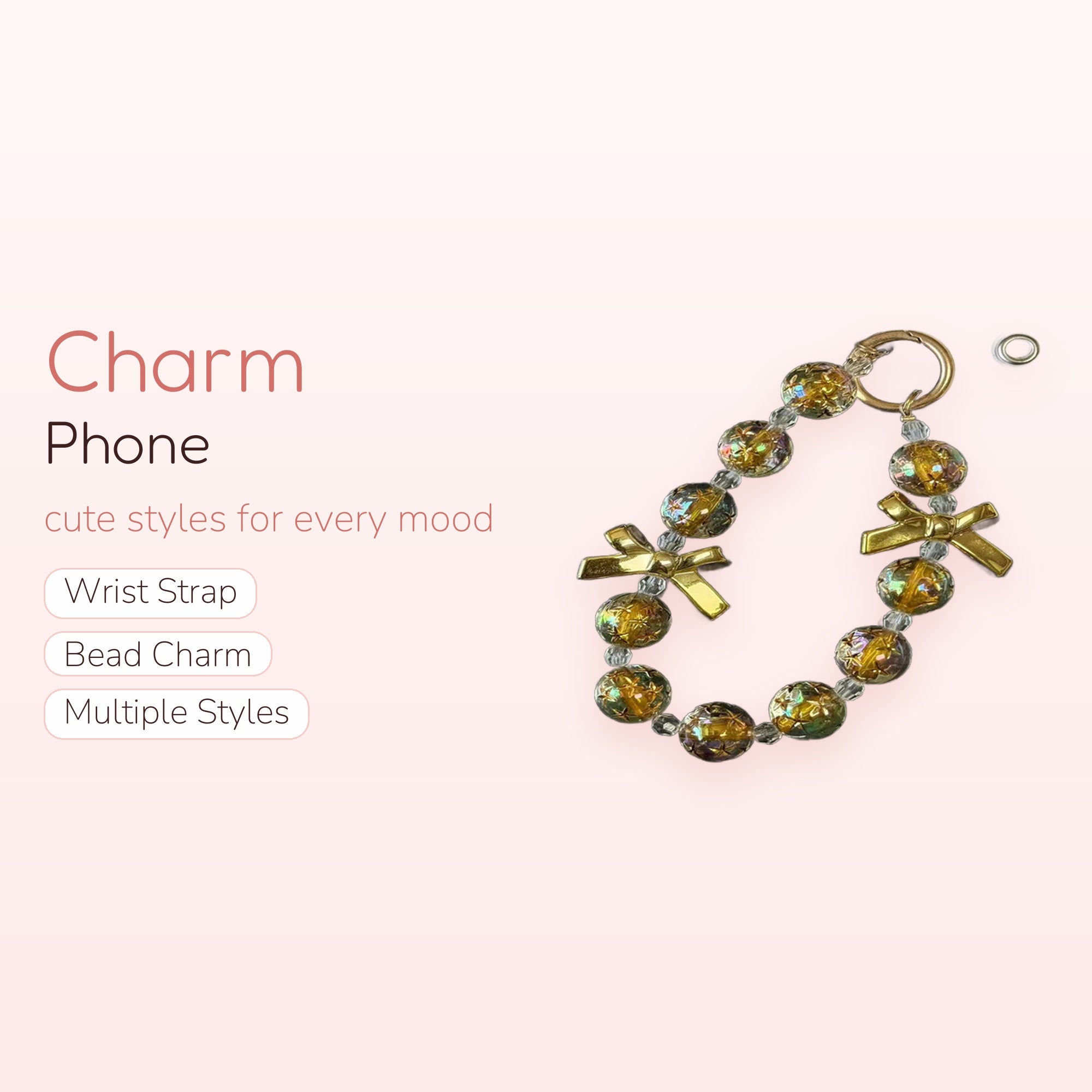 Iridescent Gold Bow Phone Charm | Aesthetic Beaded Wrist Lanyard
