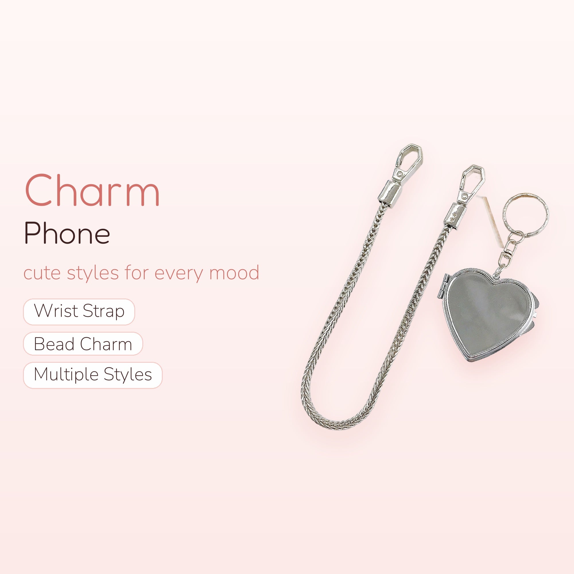 Silver Heart Locket Phone Charm | Aesthetic Metal Chain Wrist Strap