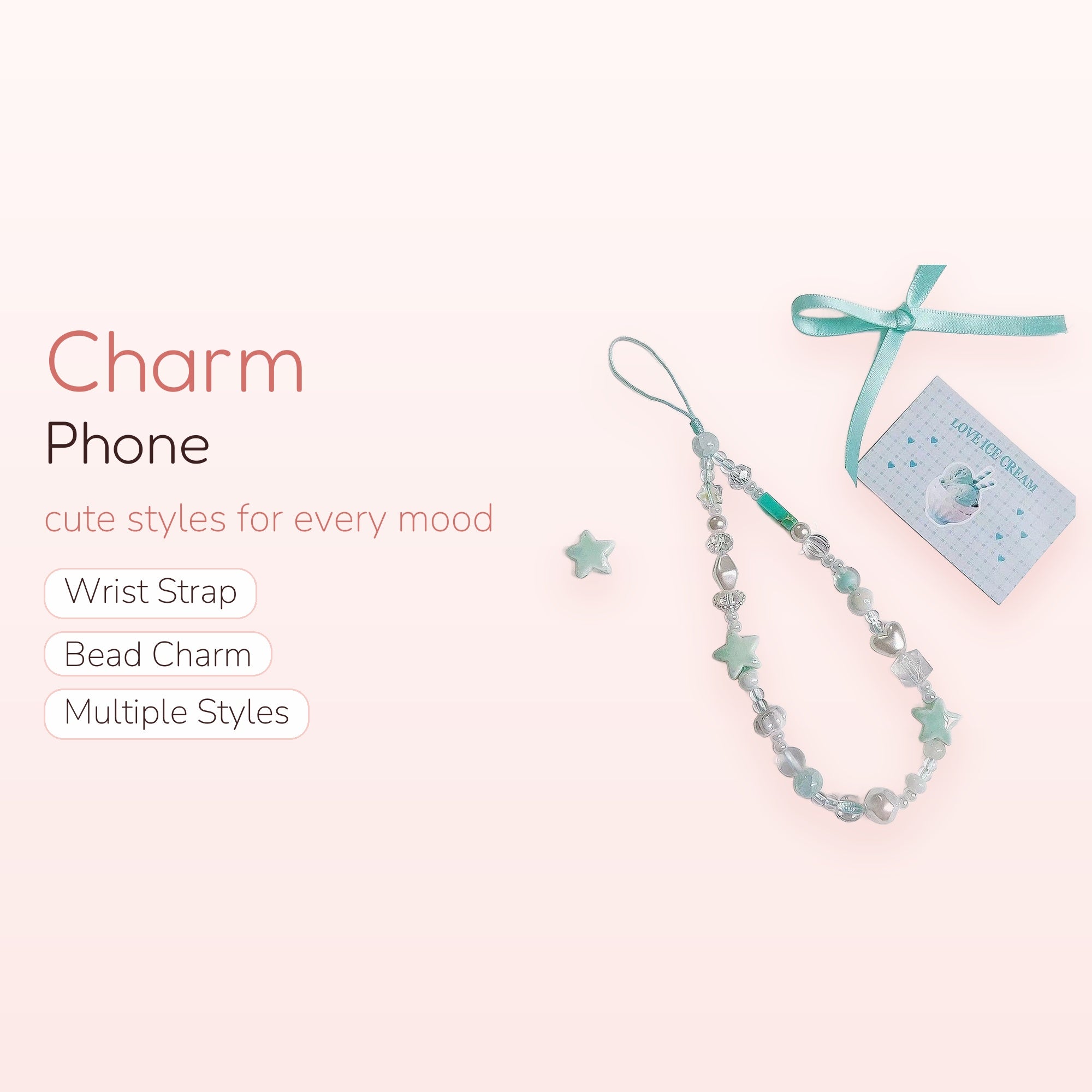 Pastel Blue & Clear Beaded Phone Charm Strap | Kawaii Star & Heart Wrist Lanyard