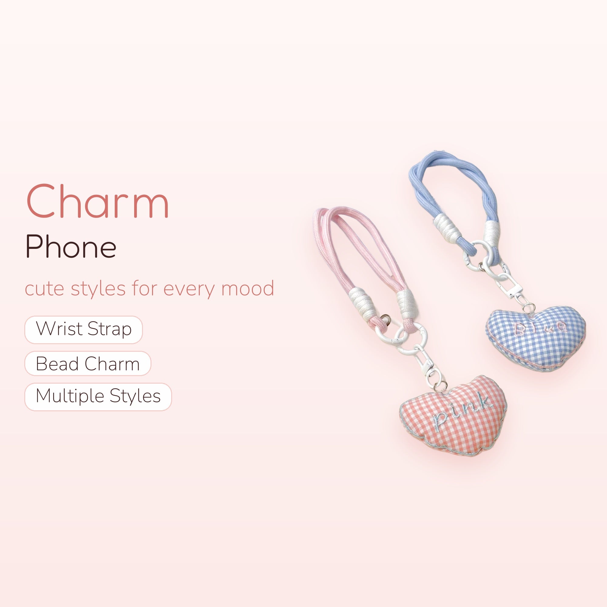 Cute Gingham Heart Phone Charm Wristlet | Pink & Blue Padded Strap