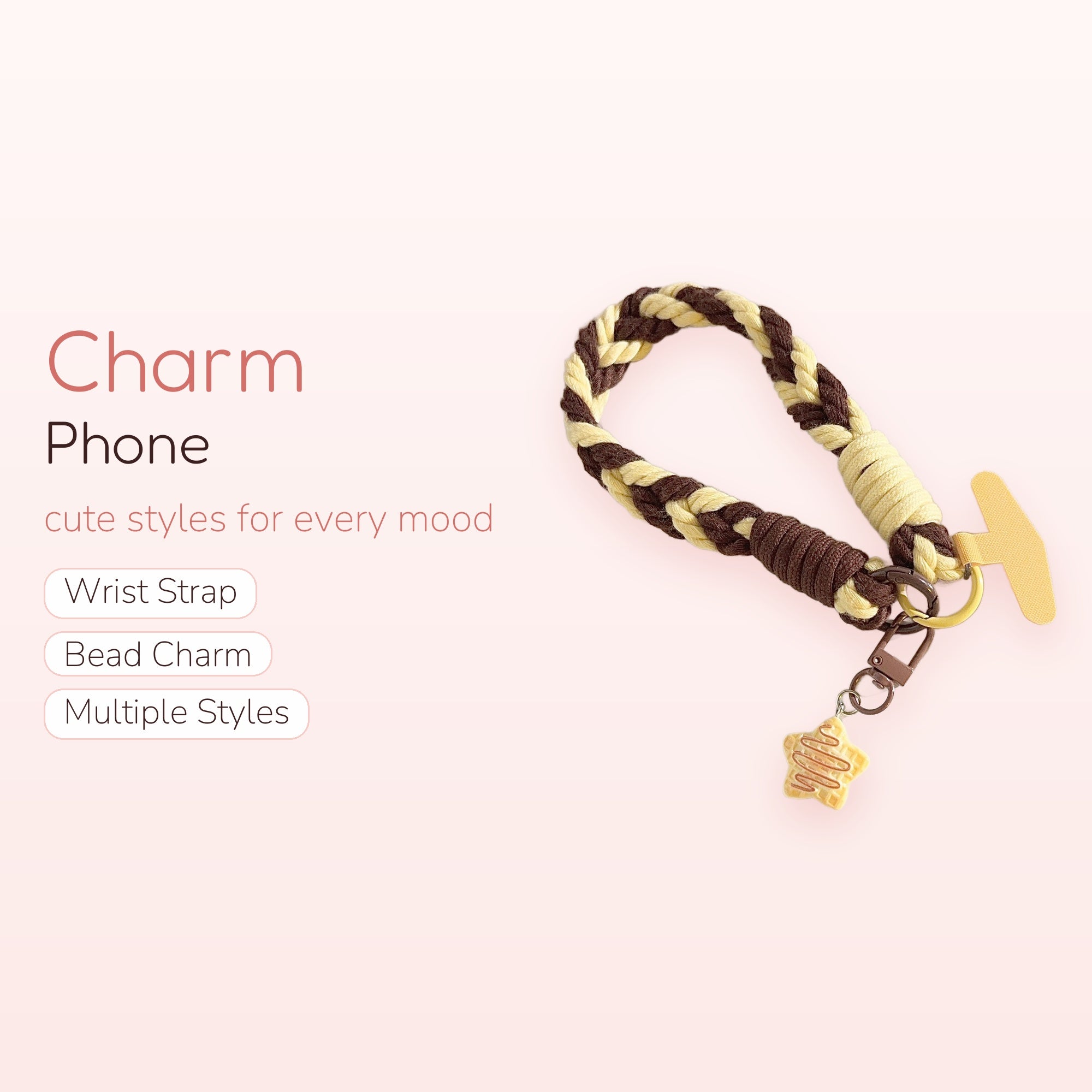 Braided Brown & Cream Phone Charm Strap | Cute Star Waffle Wrist Lanyard