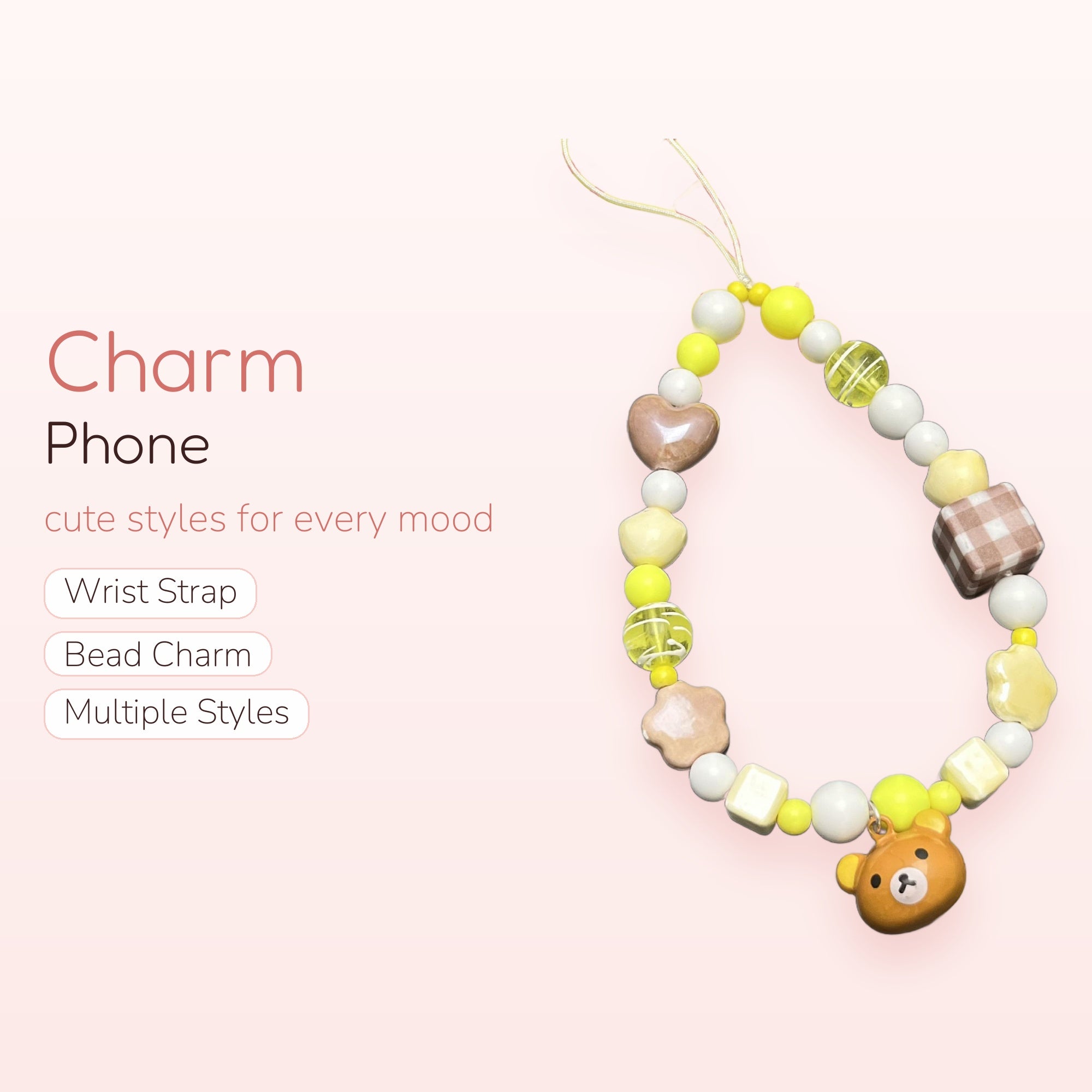 Kawaii Pastel Beaded Phone Charm Strap | Cute Bear & Heart Wrist Lanyard