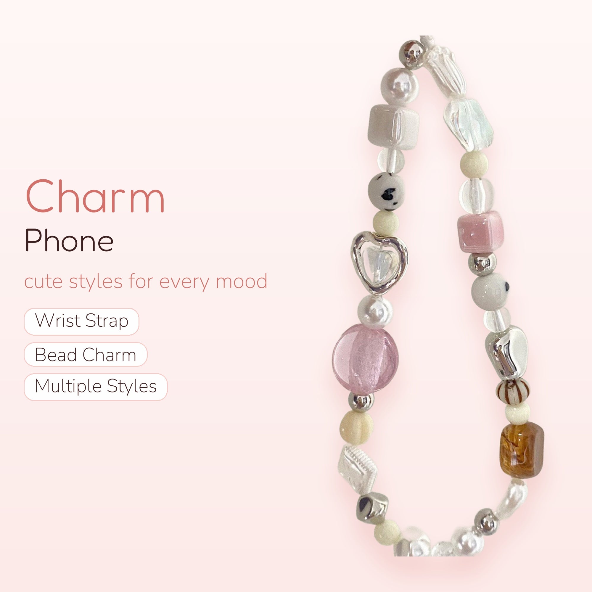 Pastel Beaded Phone Charm Strap | Cute Pearl & Heart Wrist Lanyard