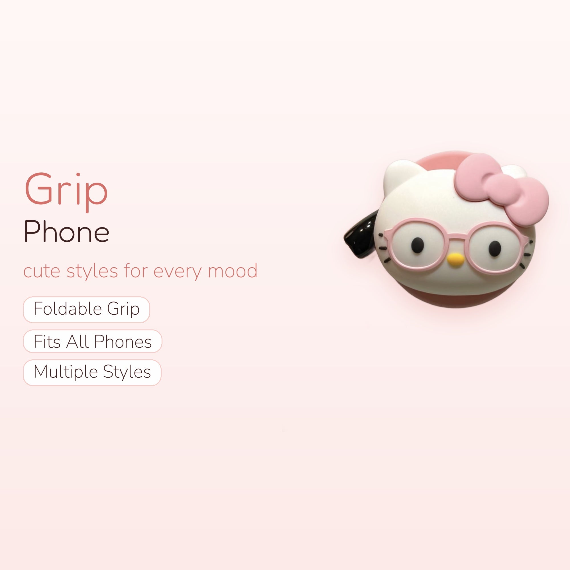 Kawaii Hello Kitty Pink Glasses Phone Grip | Cute Pop Socket Stand