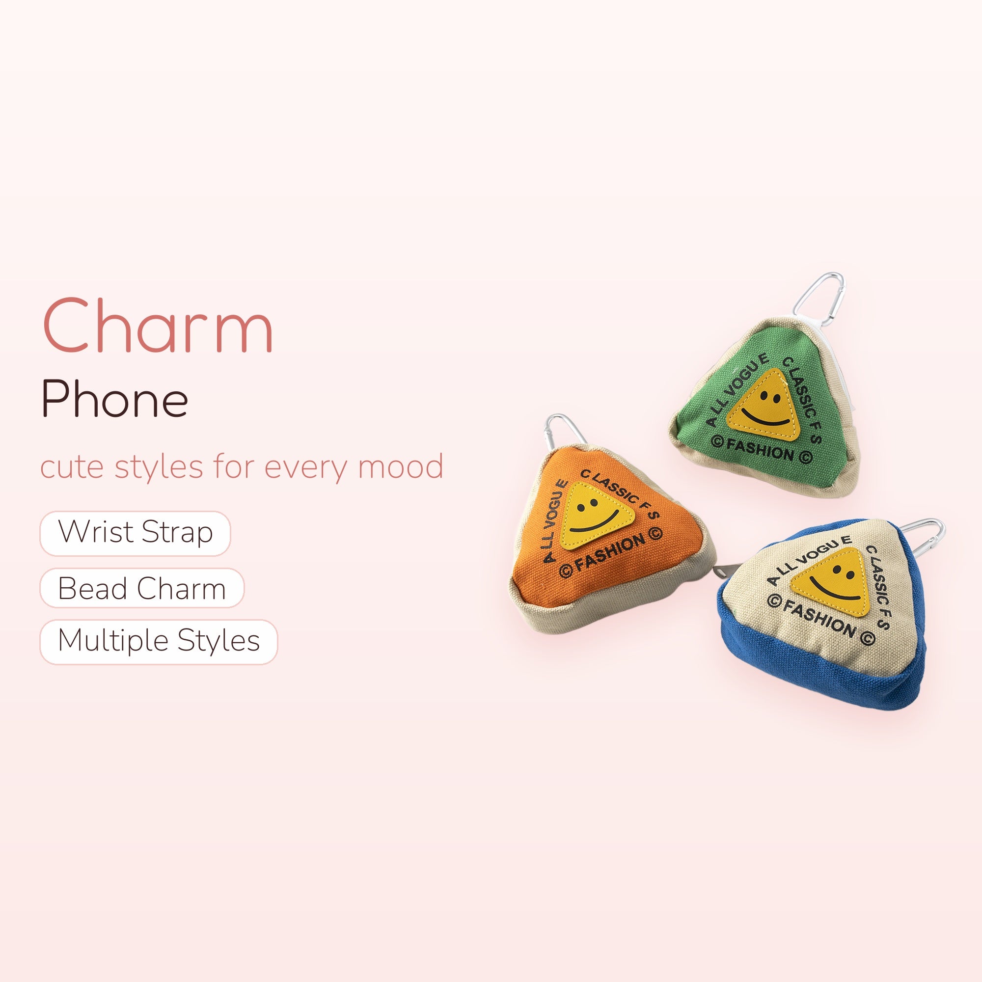 Kawaii Triangle Pouch Phone Charm | Canvas Smiley Face Keyring