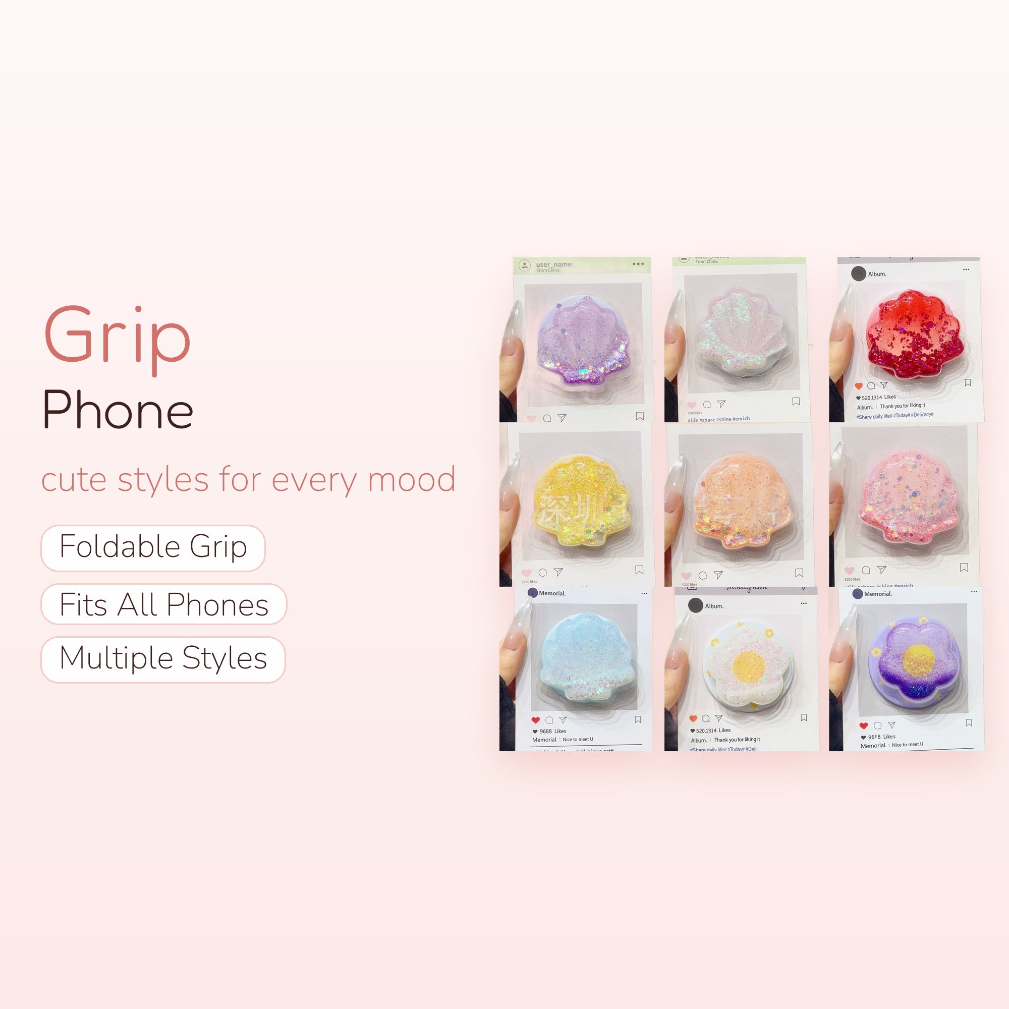 Sparkly Glitter Shell Phone Grip | Kawaii Pastel Pop Socket Stand