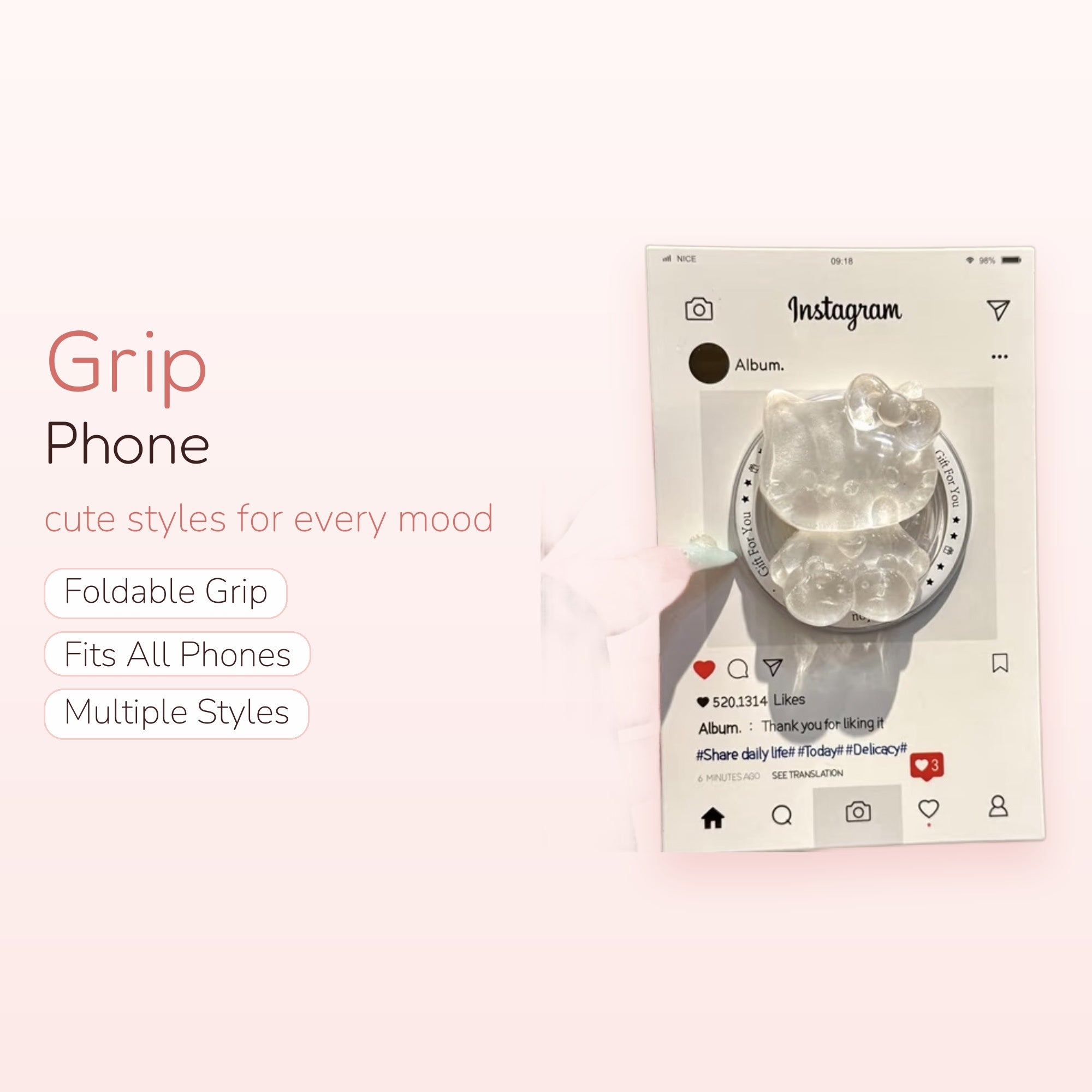 Clear Hello Kitty & Bear Phone Grip | Kawaii Pop Socket Stand for Girls