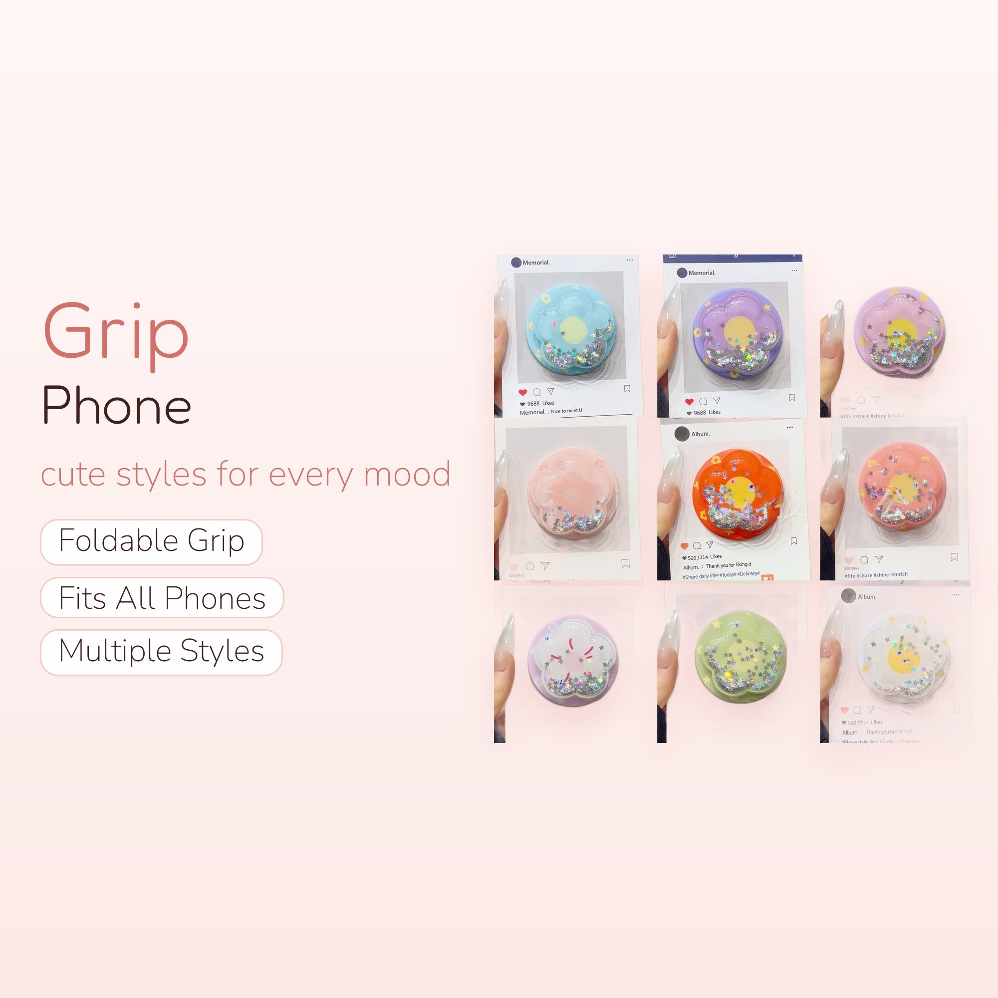 Kawaii Glitter Flower Phone Grip | Pastel Shaker Pop Socket Stand