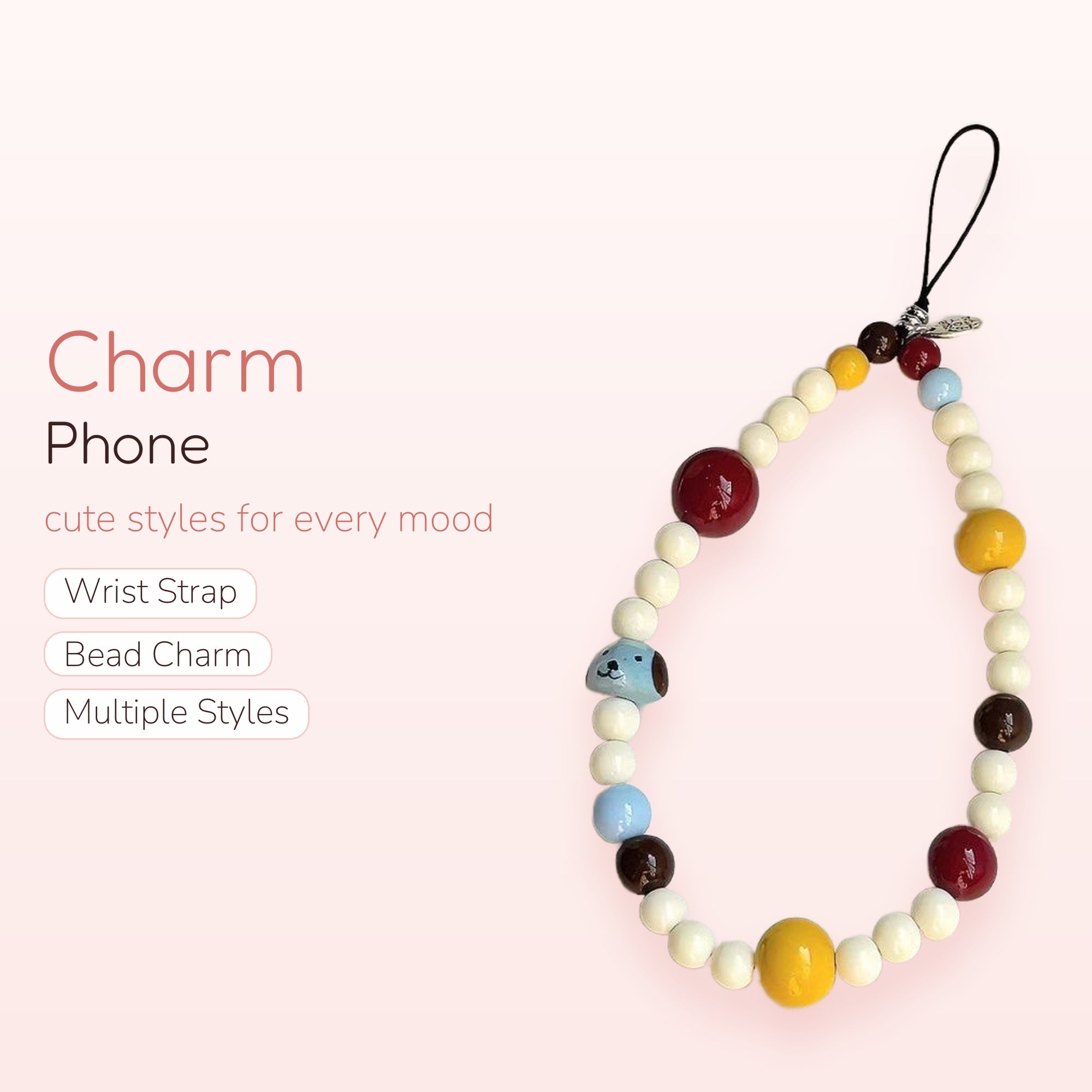 Kawaii Beaded Phone Charm Strap | Colorful Pearl & Puppy Wrist Lanyard