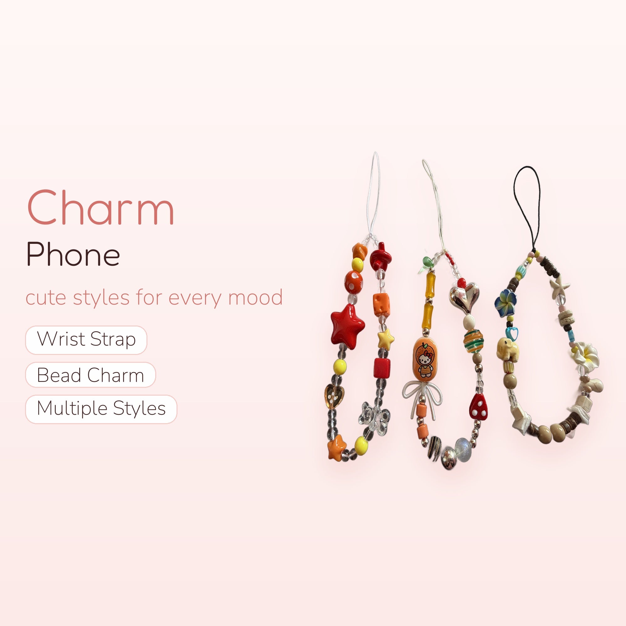 Y2K Beaded Phone Charm Strap Set | Kawaii Star, Heart, & Hello Kitty Wrist Lanyards