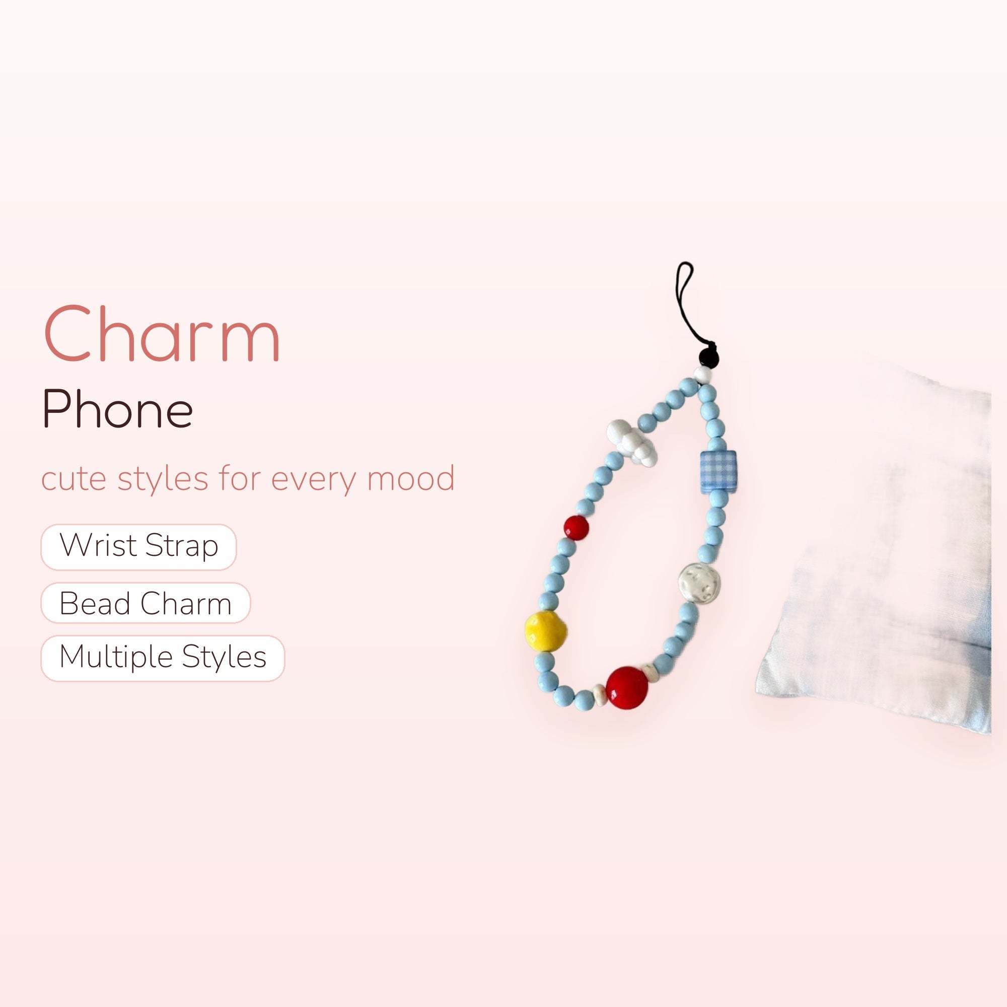 Kawaii Pastel Blue Beaded Phone Charm | Cute Cloud & Gingham Wrist Strap