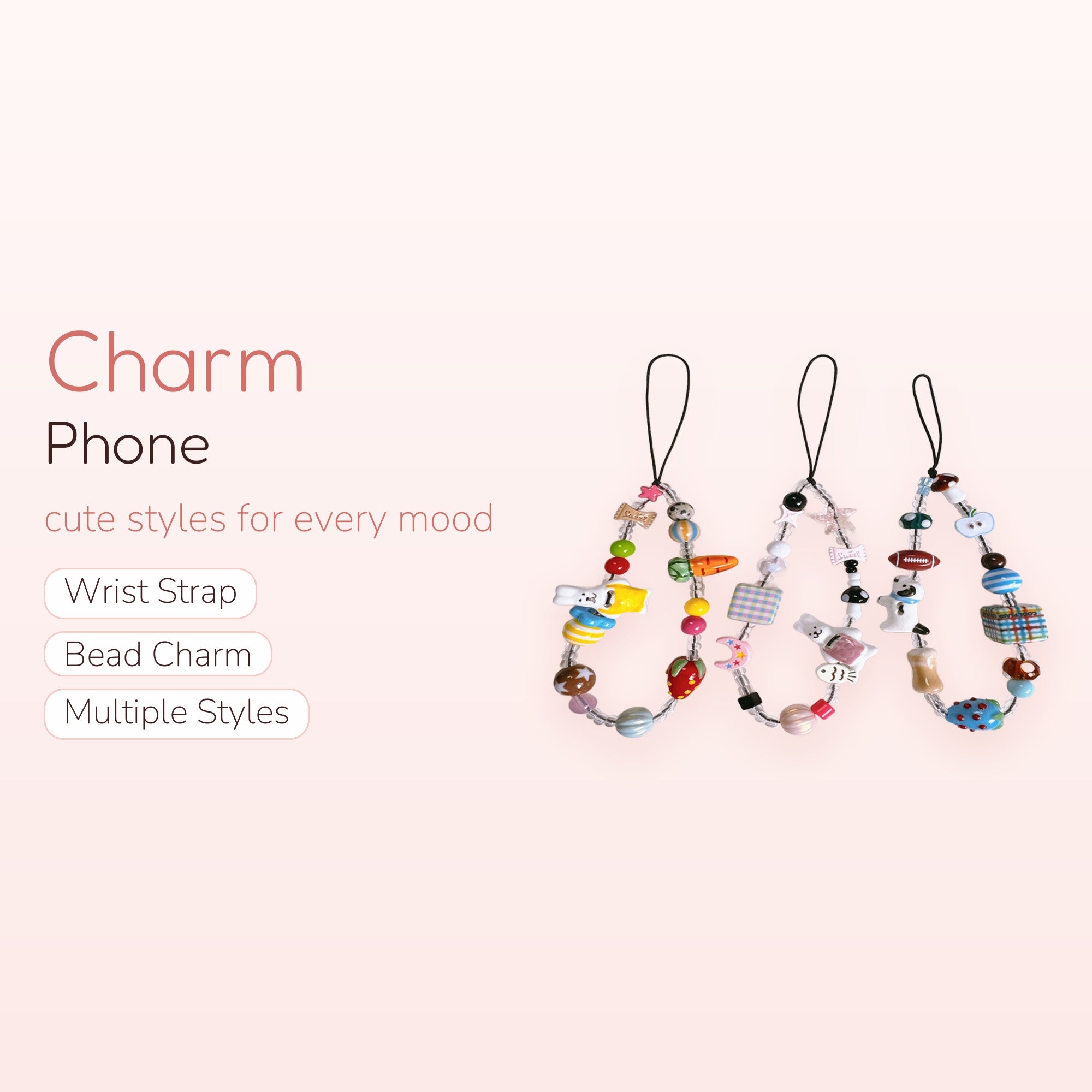 Kawaii Beaded Phone Charm Strap | Cute Food & Animal Charms Wrist Lanyard
