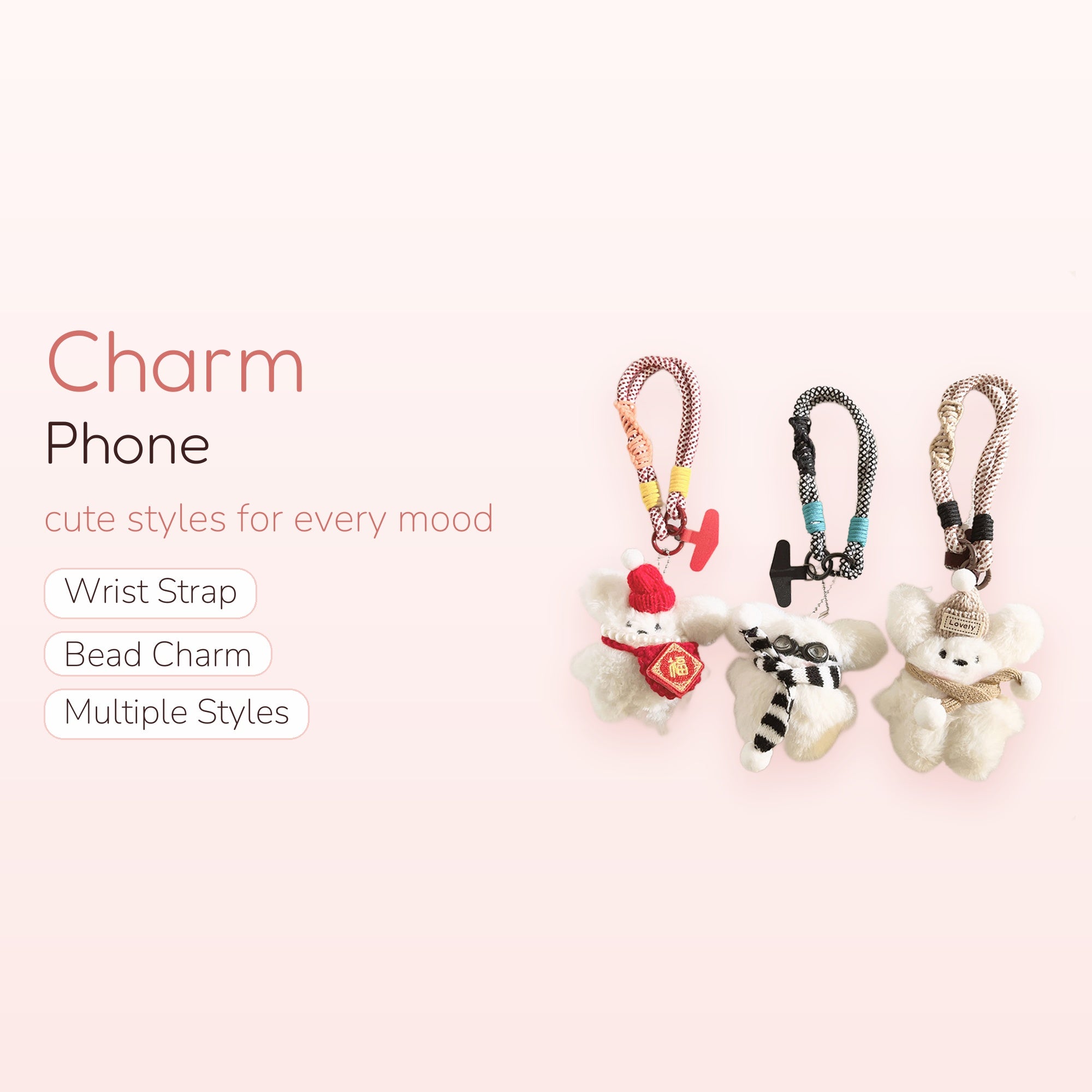 Cute Fluffy Bear Phone Charm Strap | Knitted Hat & Scarf Wrist Lanyard