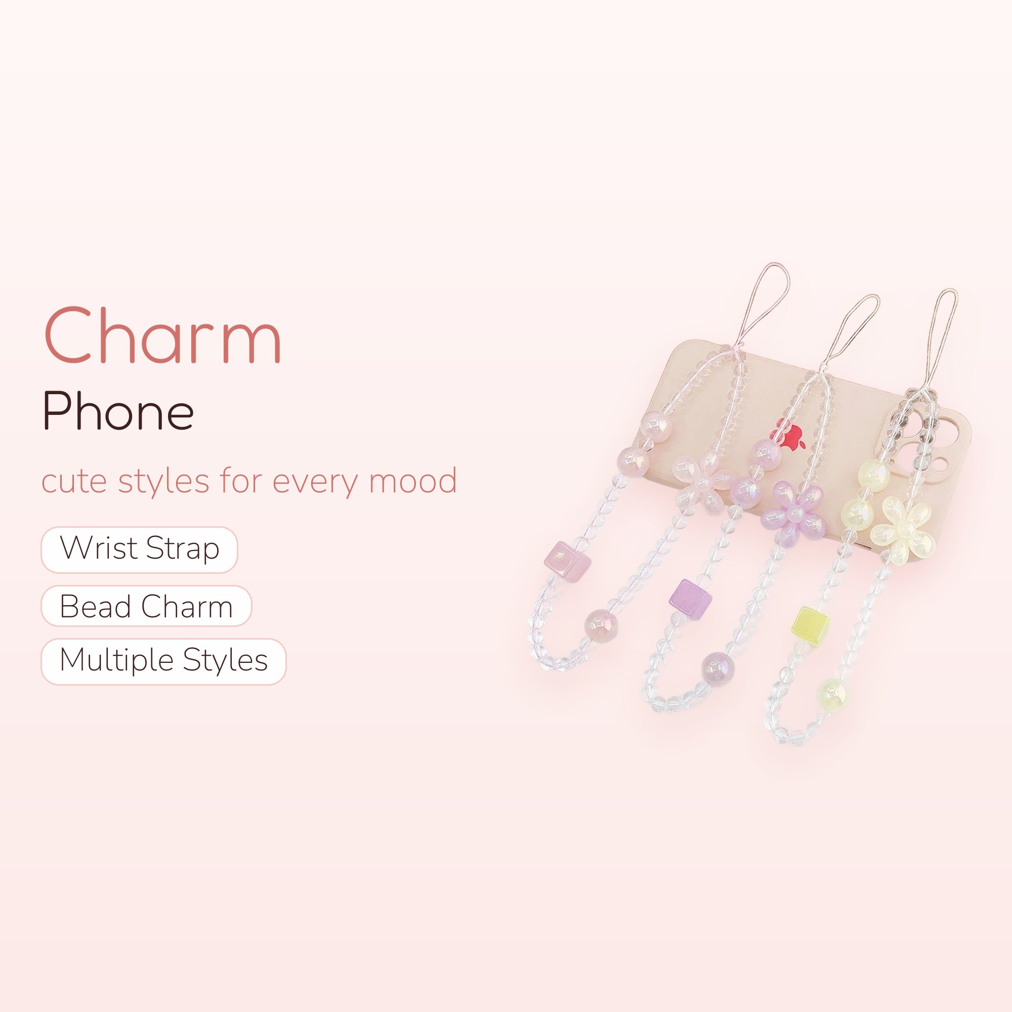 Pastel Flower & Cube Beaded Phone Charm | Aesthetic Clear Crystal Wrist Strap