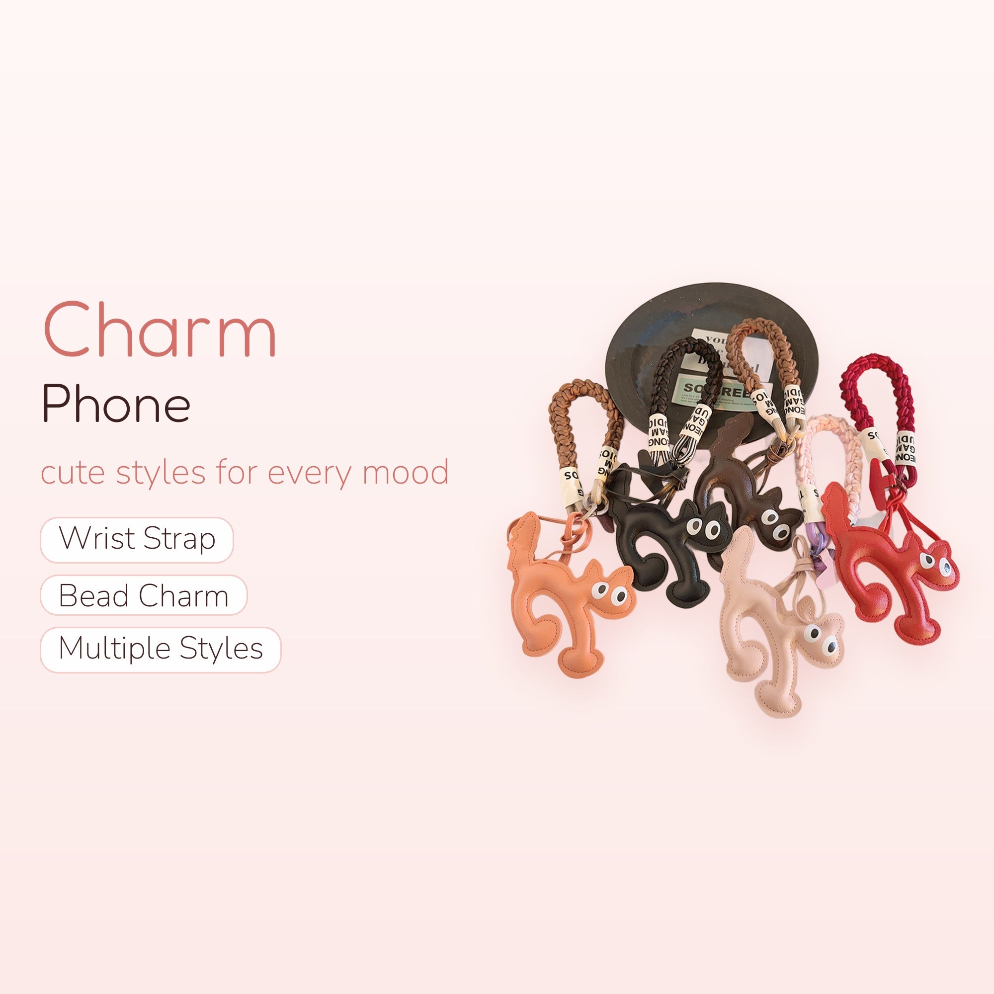 Cute Cat Leather Phone Charm Strap | Kawaii Braided Wrist Lanyard