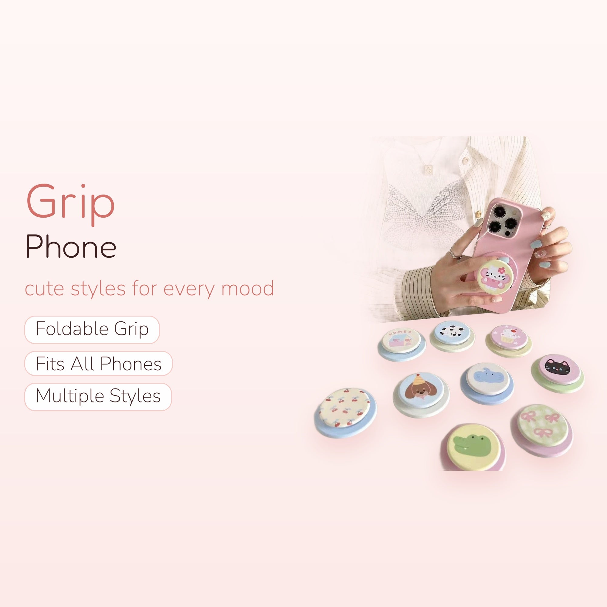 Cute Cartoon Animal & Pattern Phone Grip | Kawaii Pop Socket Stand for iPhone