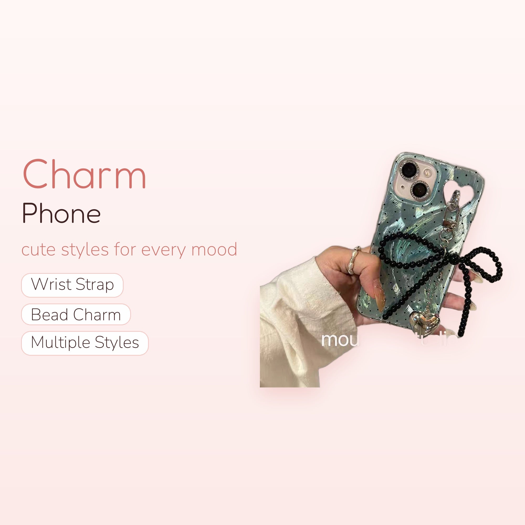 Aesthetic Black Beaded Bow Phone Charm | Silver Heart Pendant Wrist Lanyard