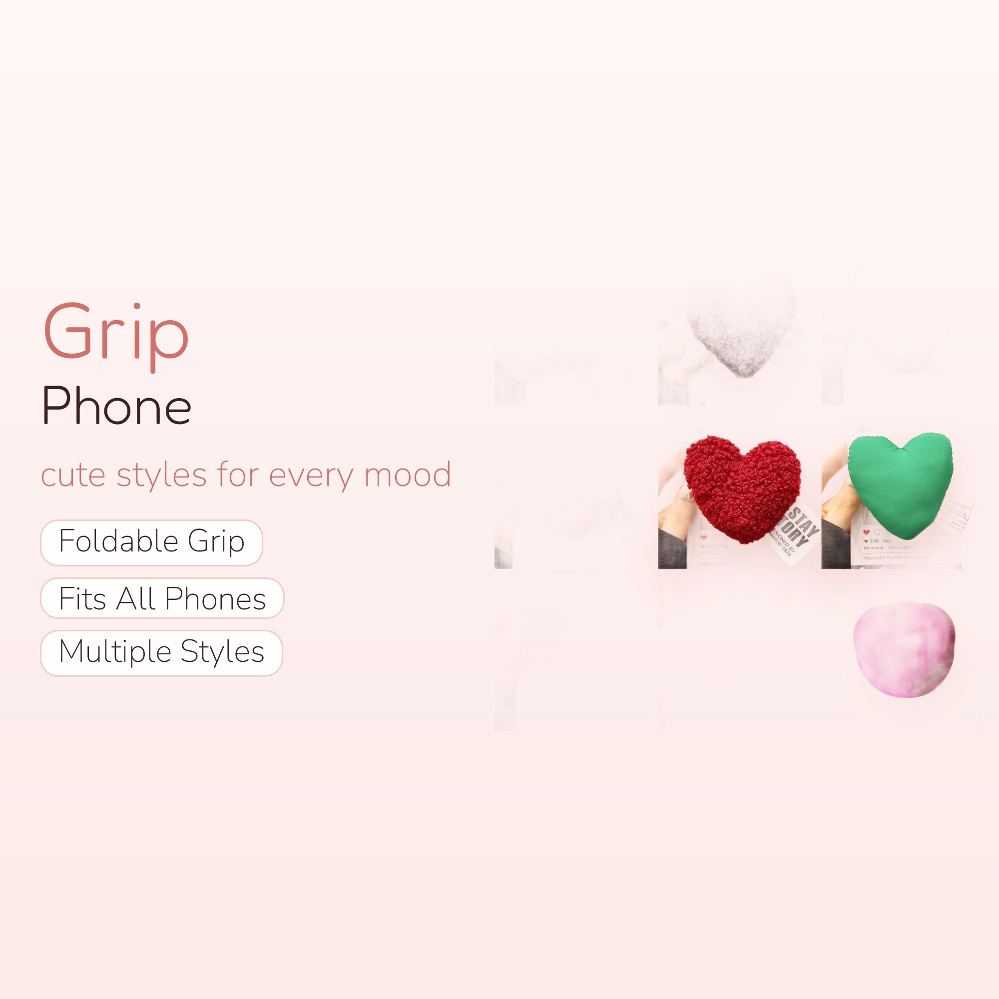 Fluffy Heart Phone Grip | Kawaii Plush Pop Socket Stand in Multiple Colors