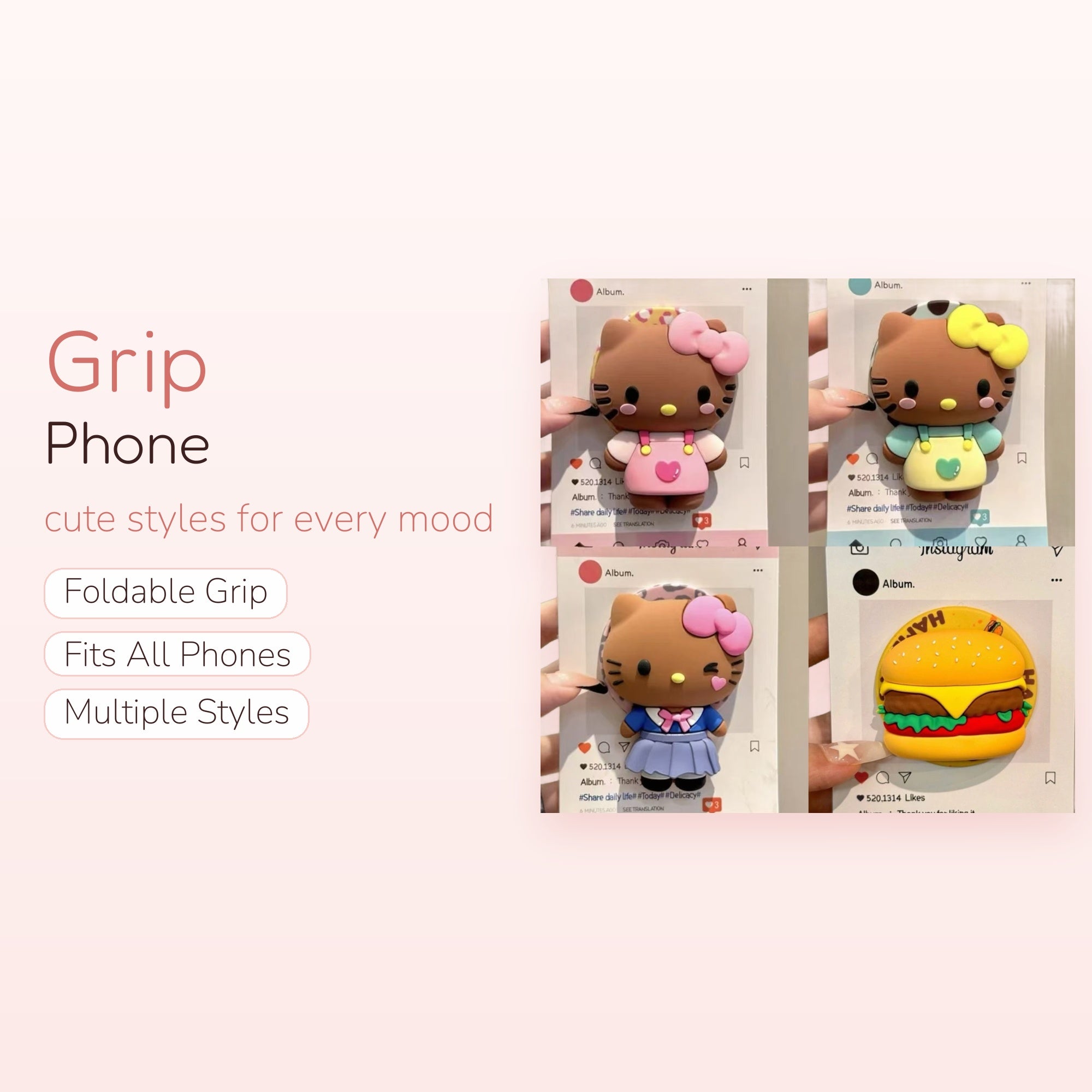 Cute Hello Kitty & Burger Silicone Phone Grip | Kawaii Pop Socket Stand