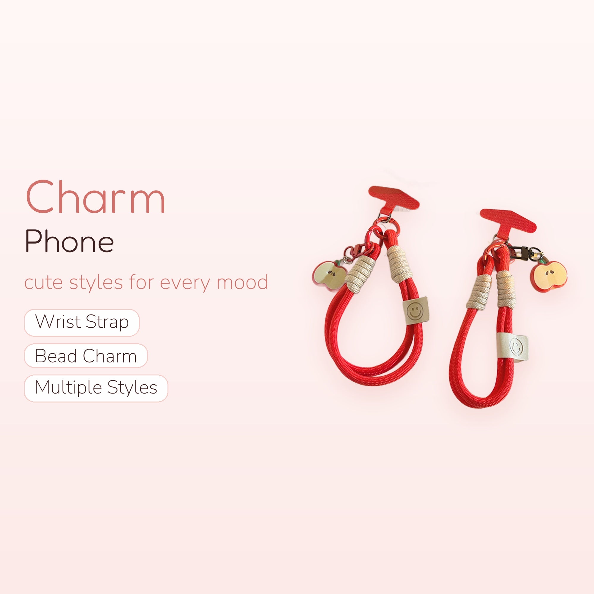 Red Apple Smiley Face Phone Charm Strap | Cute Wrist Lanyard