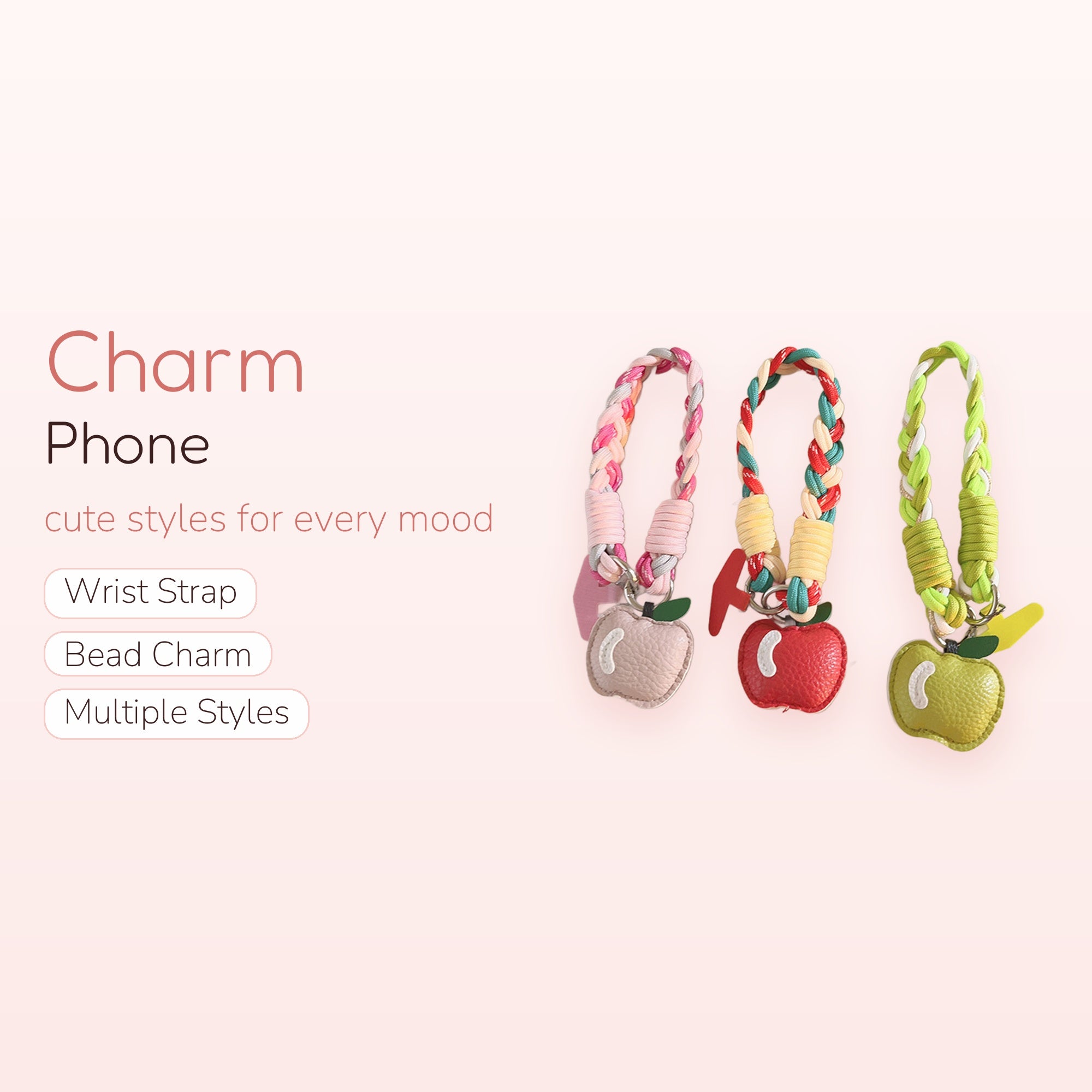 Braided Rope Apple Phone Charm Strap | Cute Fruit Wrist Lanyard