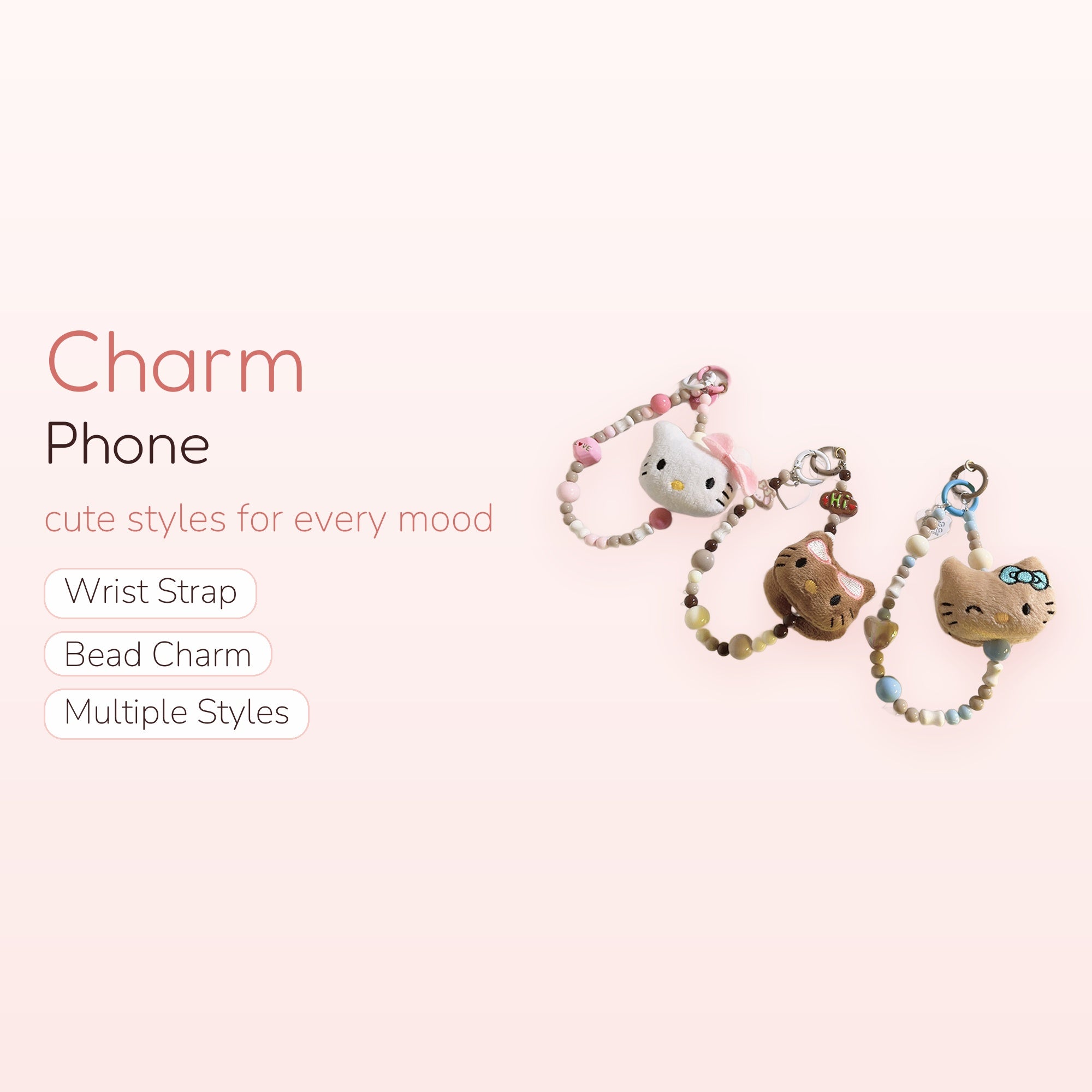 Kawaii Hello Kitty Plush Phone Charm Straps | Pastel Beaded Wrist Lanyards
