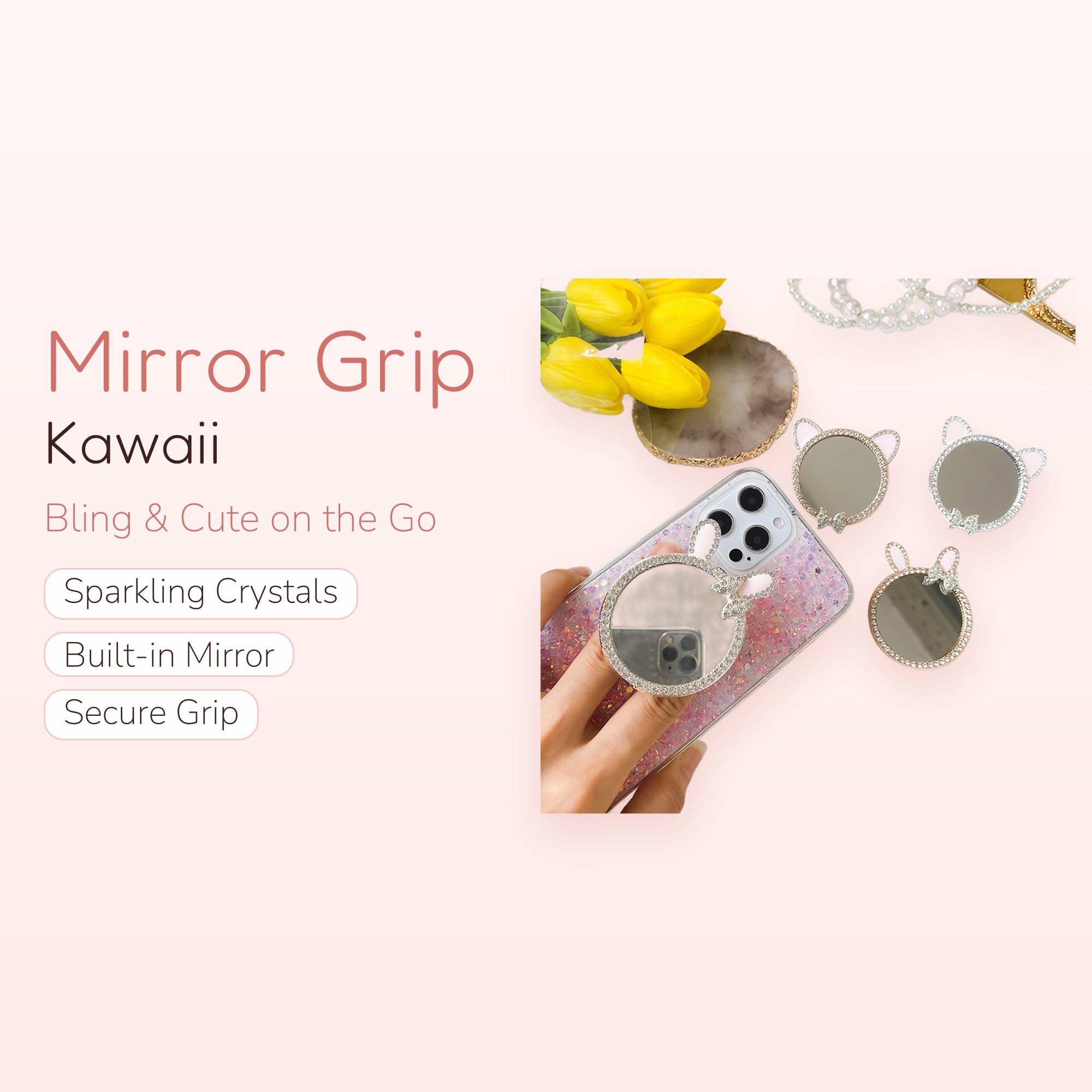 Kawaii Bunny Mirror Phone Grip | Crystal Bling Phone Stand