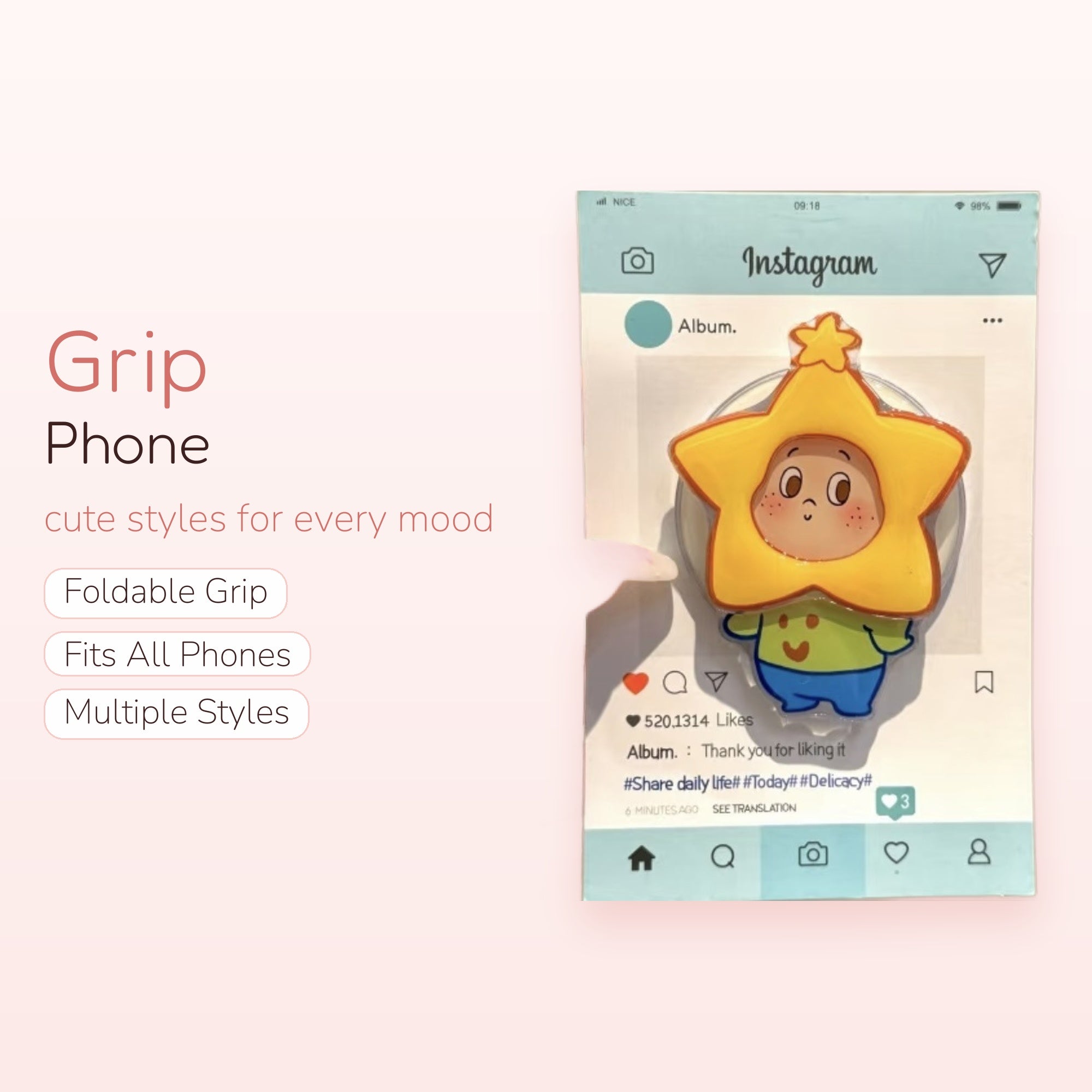 Cute Star Character Phone Grip | Kawaii Yellow Star Pop Socket Stand