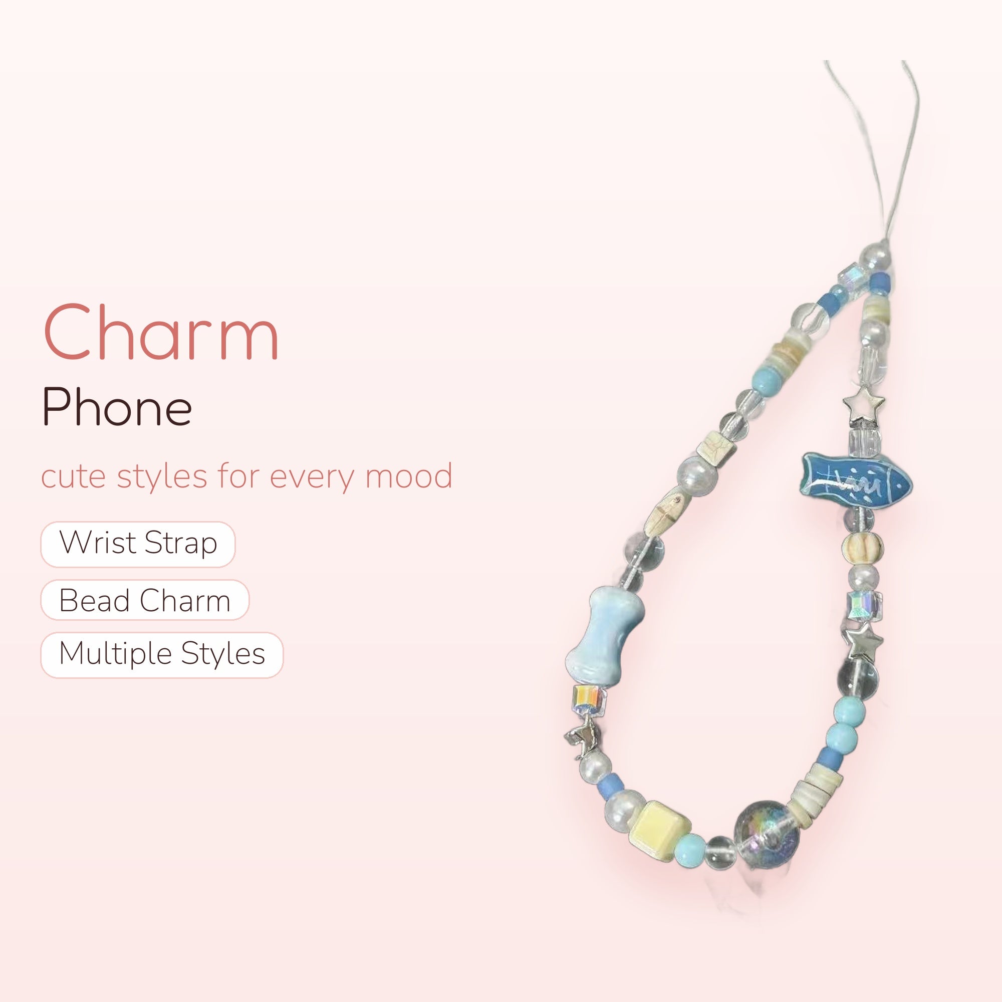 Ocean Blue Beaded Phone Charm Strap | Kawaii Fish & Star Wrist Lanyard