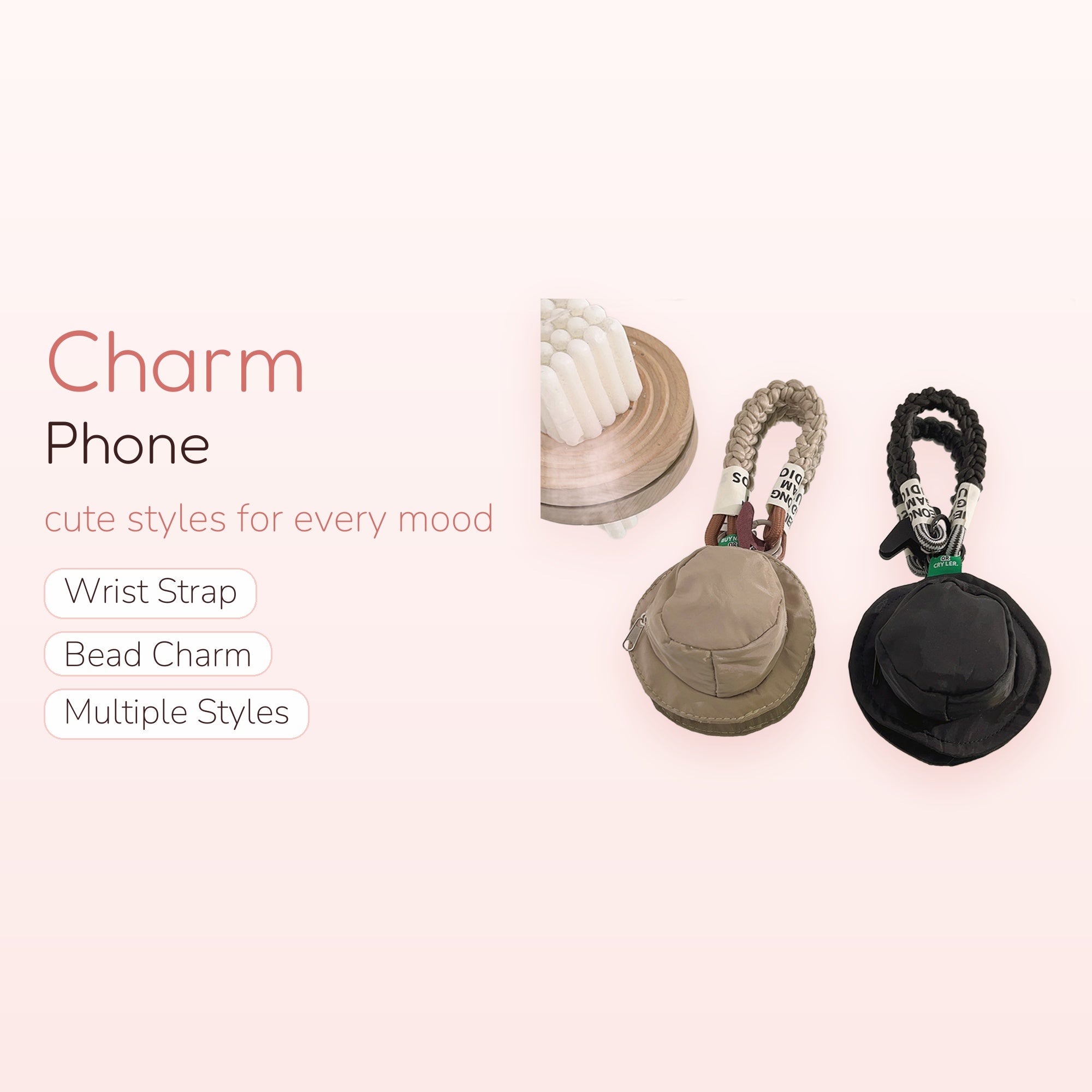 Cute Bucket Hat Phone Charm Keychain | Braided Wrist Strap with Mini Hat Pouch