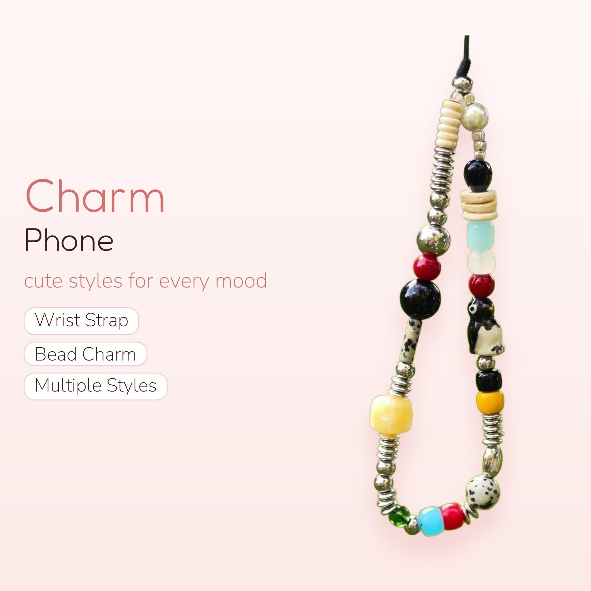 Kawaii Beaded Penguin Phone Charm Strap | Colorful Y2K Wrist Lanyard
