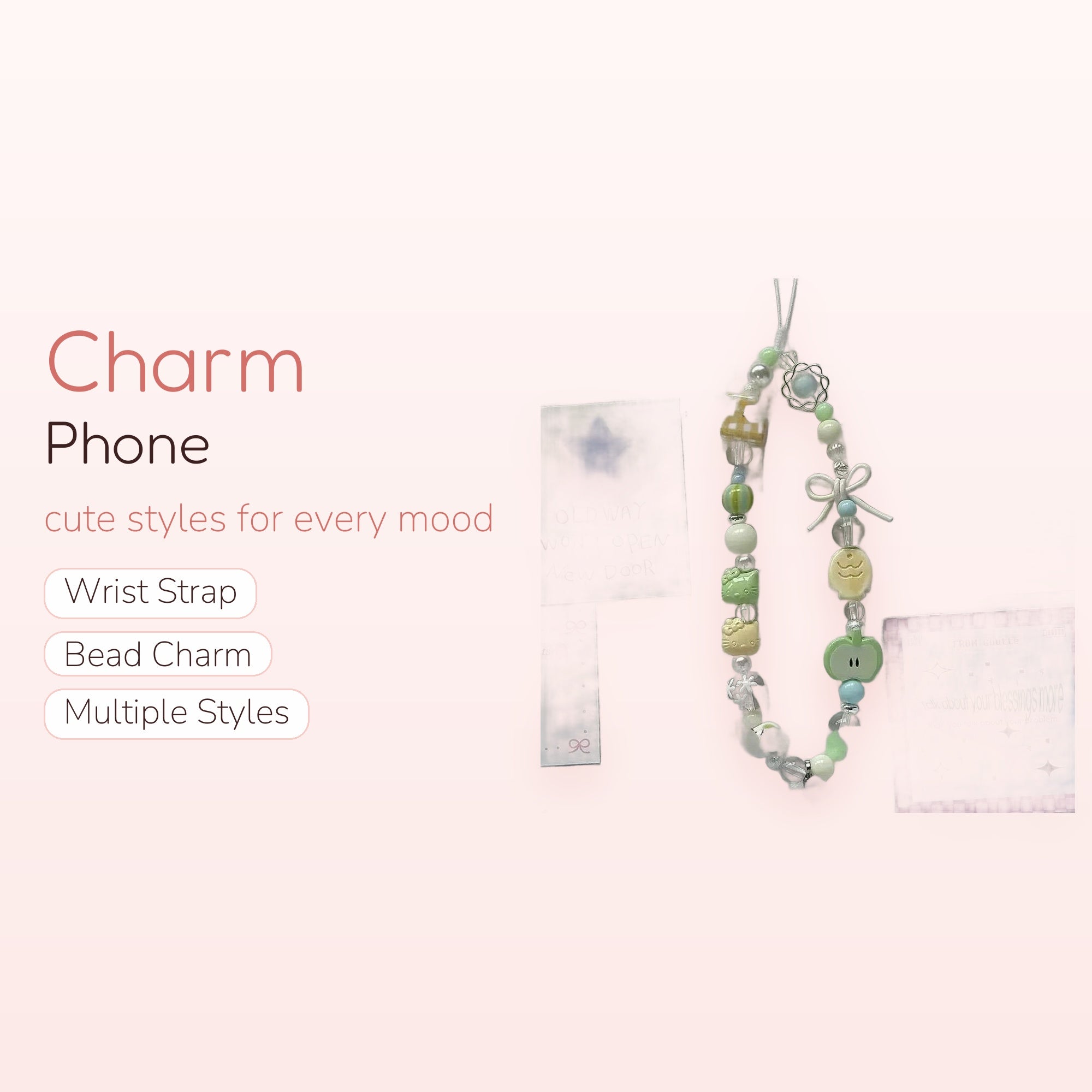 Pastel Beaded Phone Charm Strap | Kawaii Hello Kitty & Apple Wrist Lanyard