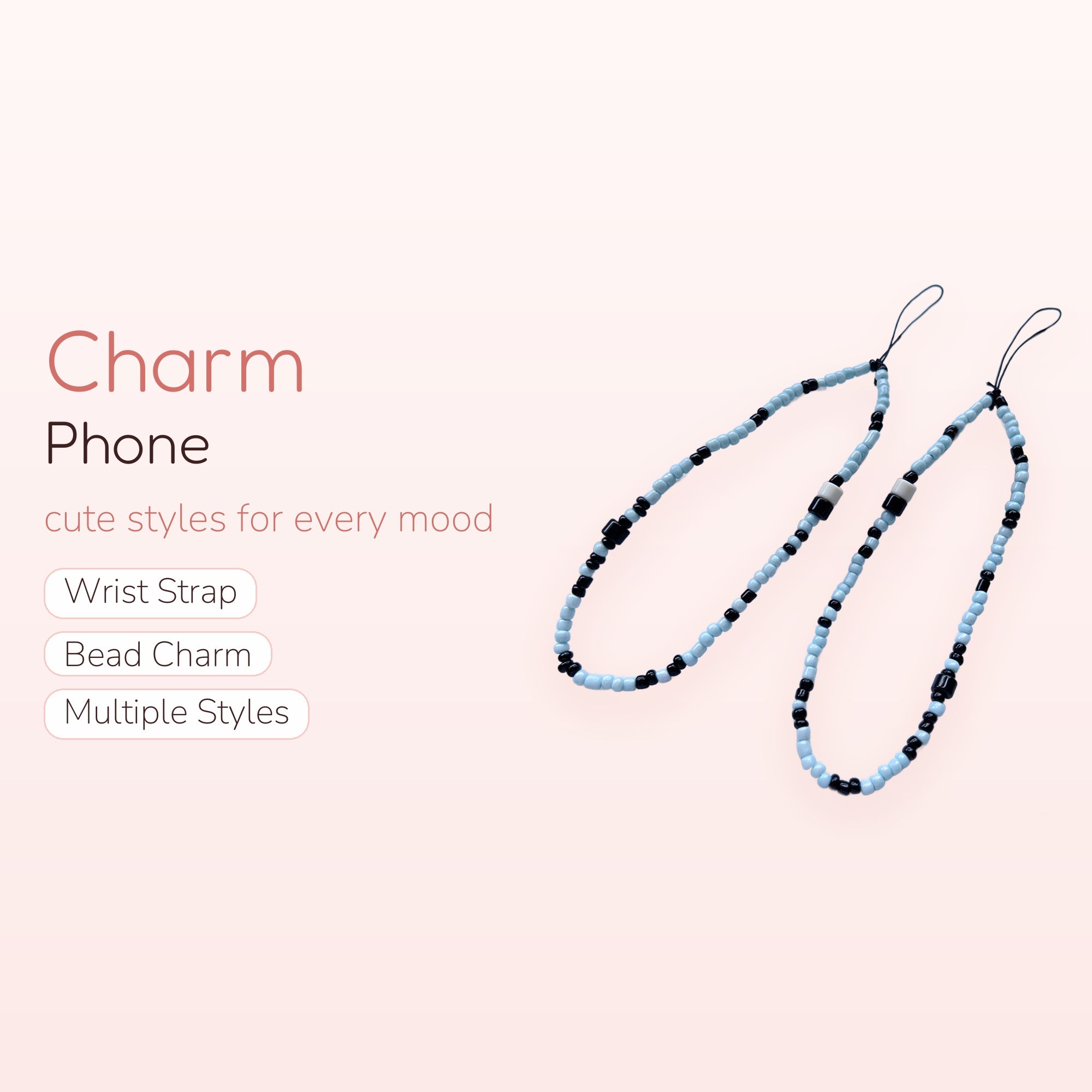 Midnight Muse — Light Blue & Black Beaded Phone Charm Wrist Strap